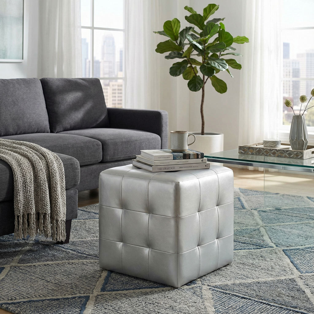 Apollo Cube Ottoman in Metallic Silver Faux Leather
