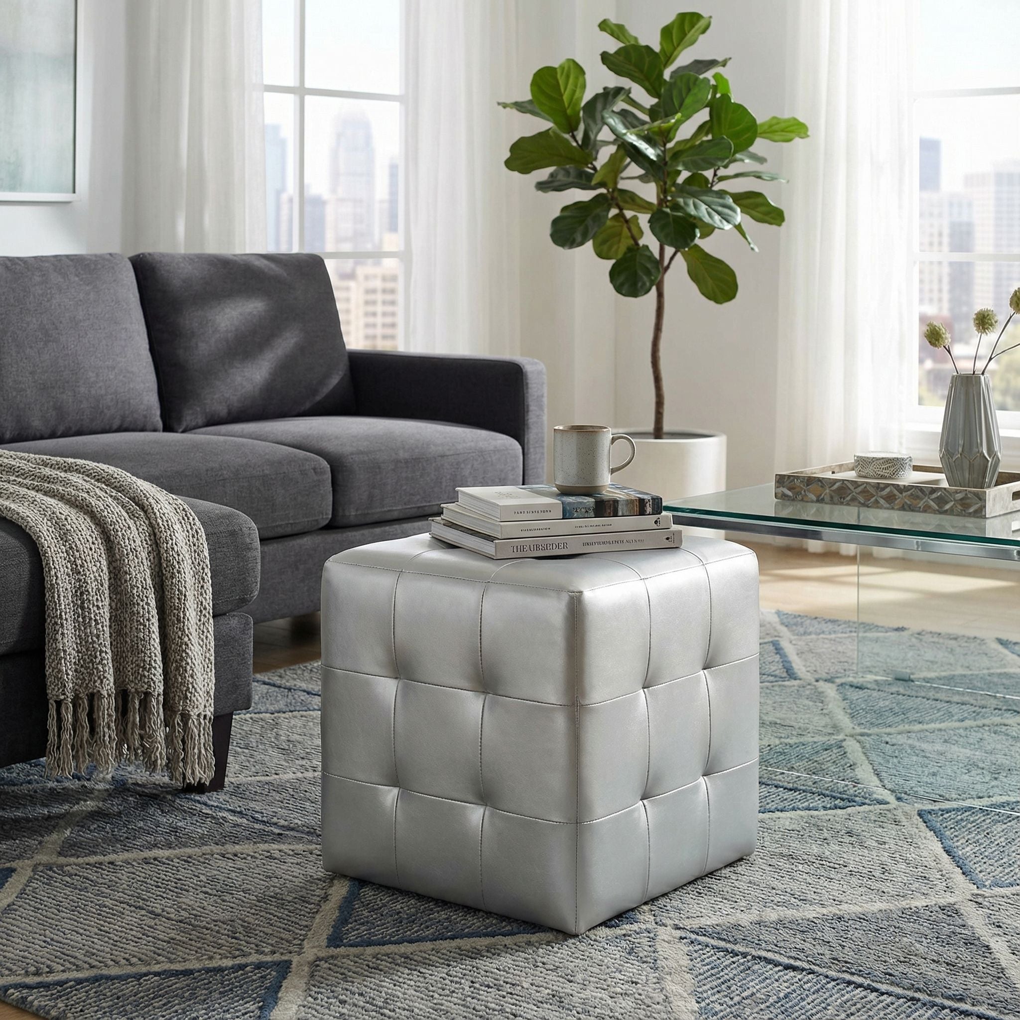 Apollo Cube Ottoman in Metallic Silver Faux Leather