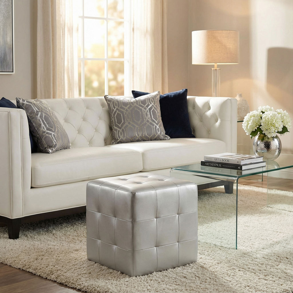 Apollo Cube Ottoman in Metallic Silver Faux Leather