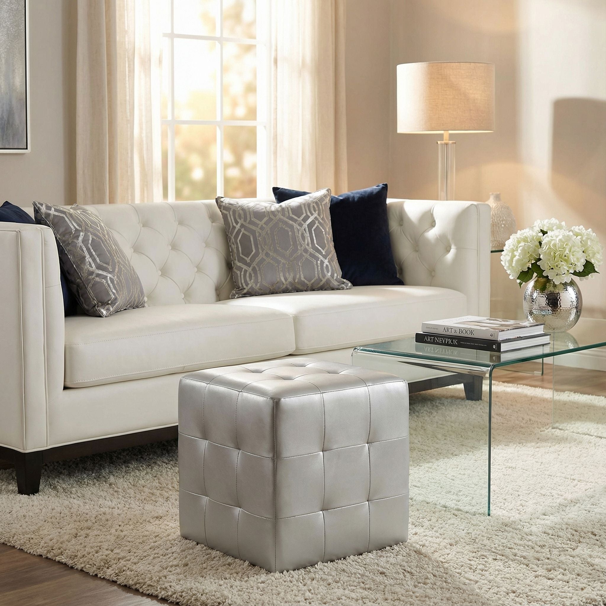 Apollo Cube Ottoman in Metallic Silver Faux Leather