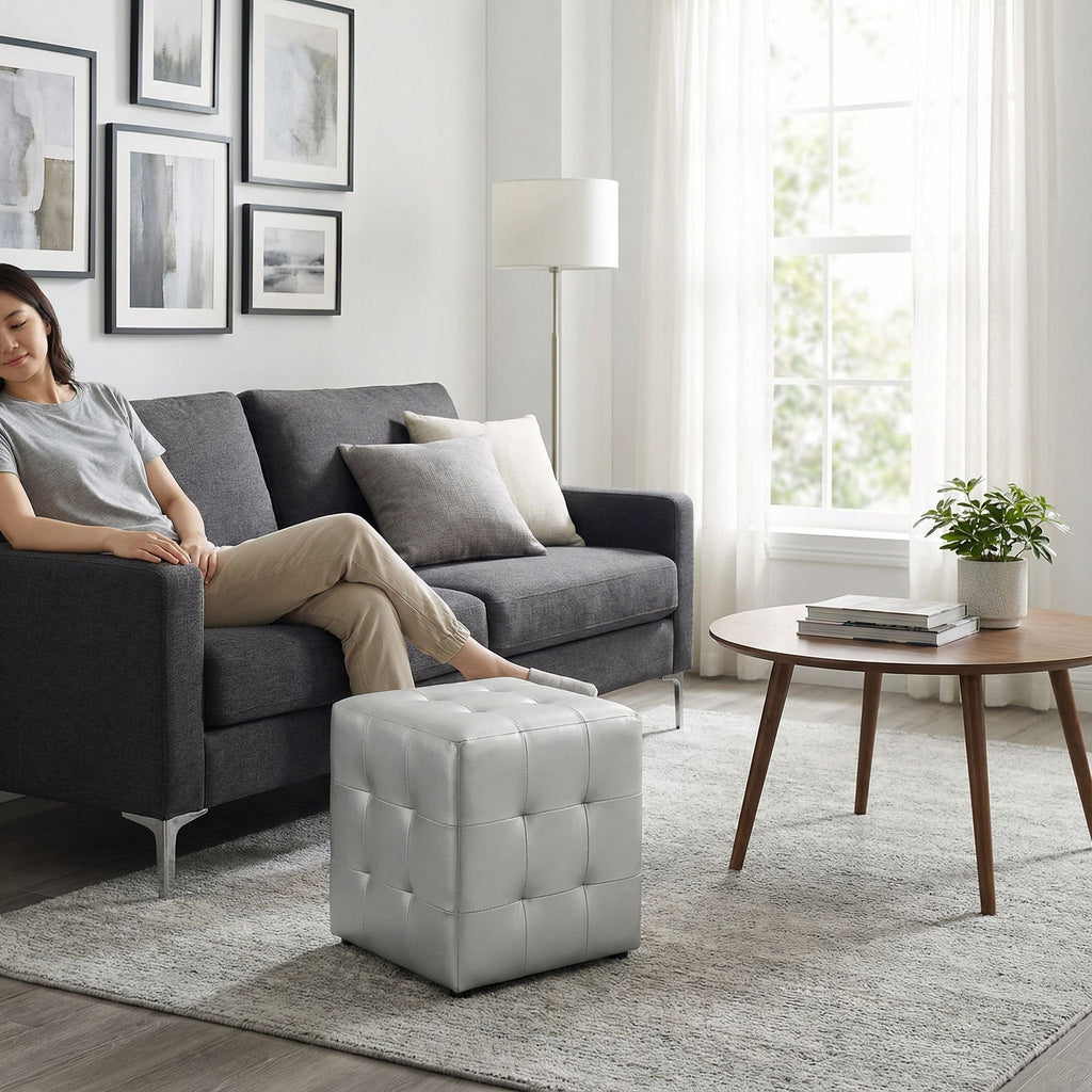 Apollo Cube Ottoman in Metallic Silver Faux Leather
