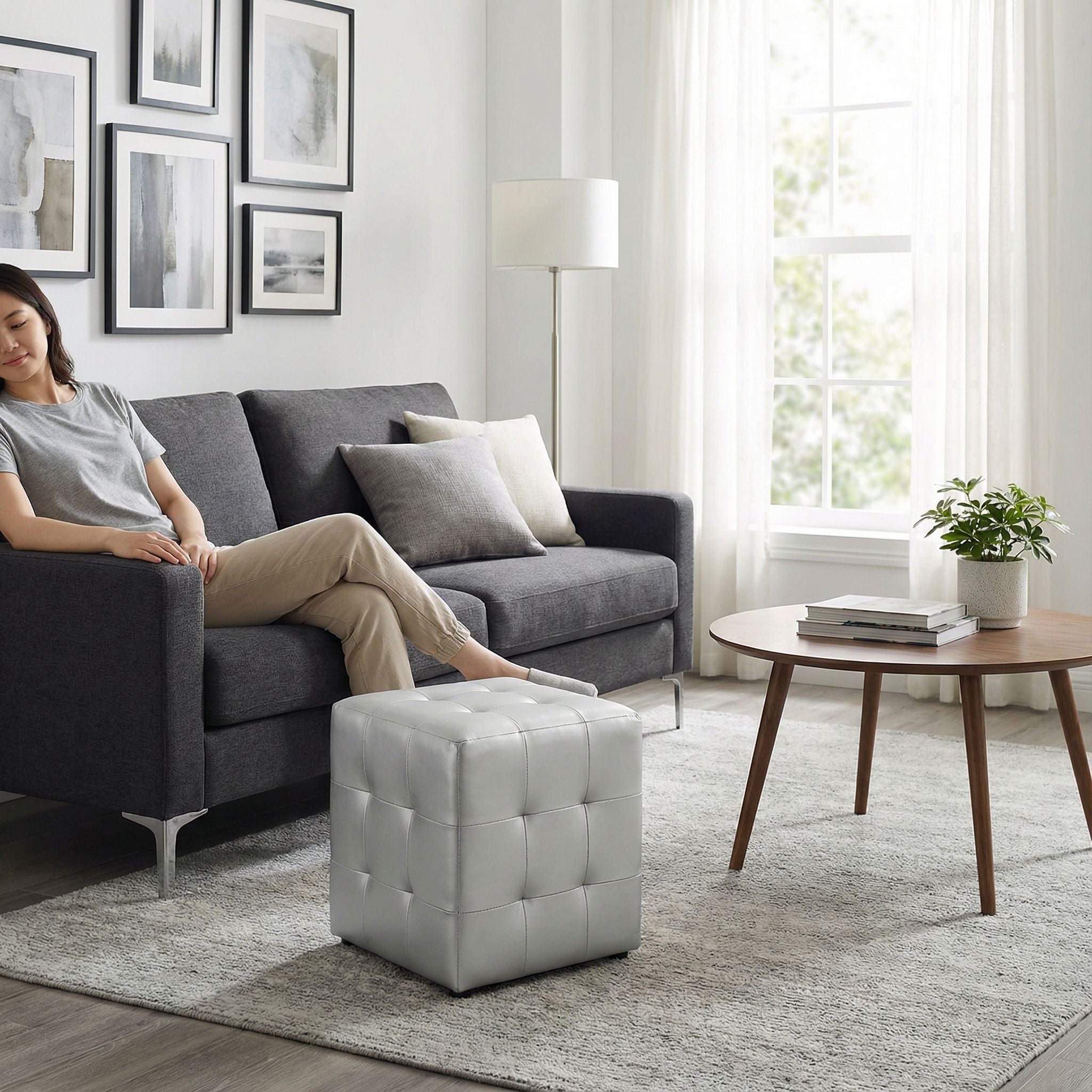 Apollo Cube Ottoman in Metallic Silver Faux Leather