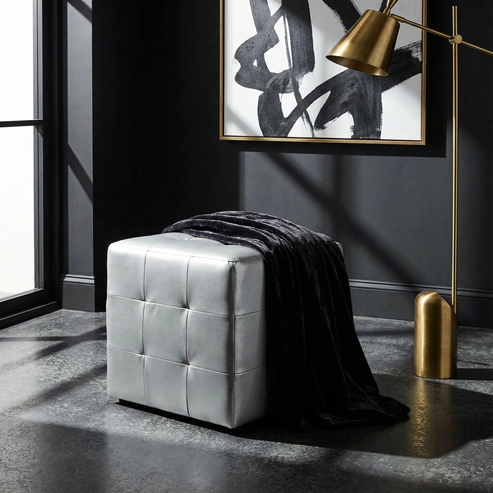 Apollo Cube Ottoman in Metallic Silver Faux Leather