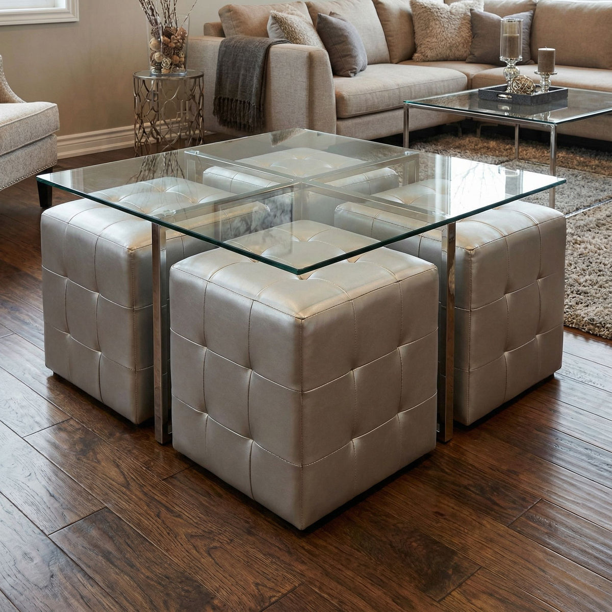 Apollo Cube Ottoman in Metallic Silver Faux Leather