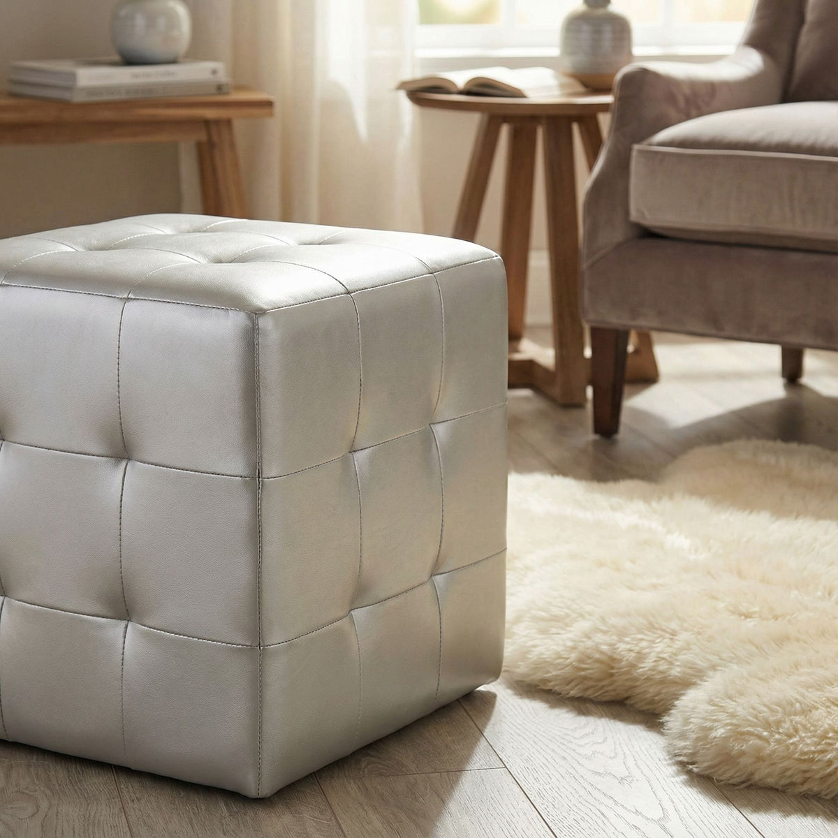 Apollo Cube Ottoman in Metallic Silver Faux Leather