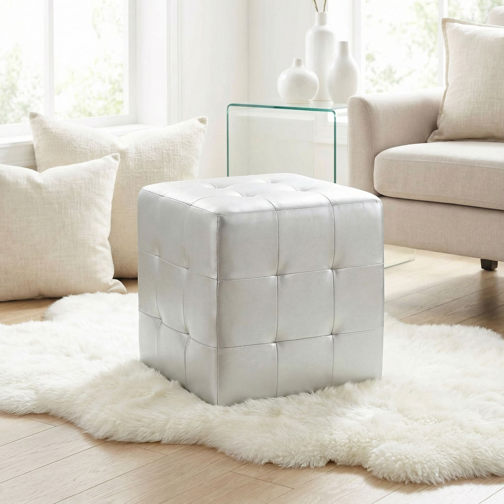 Apollo Cube Ottoman in Metallic Silver Faux Leather