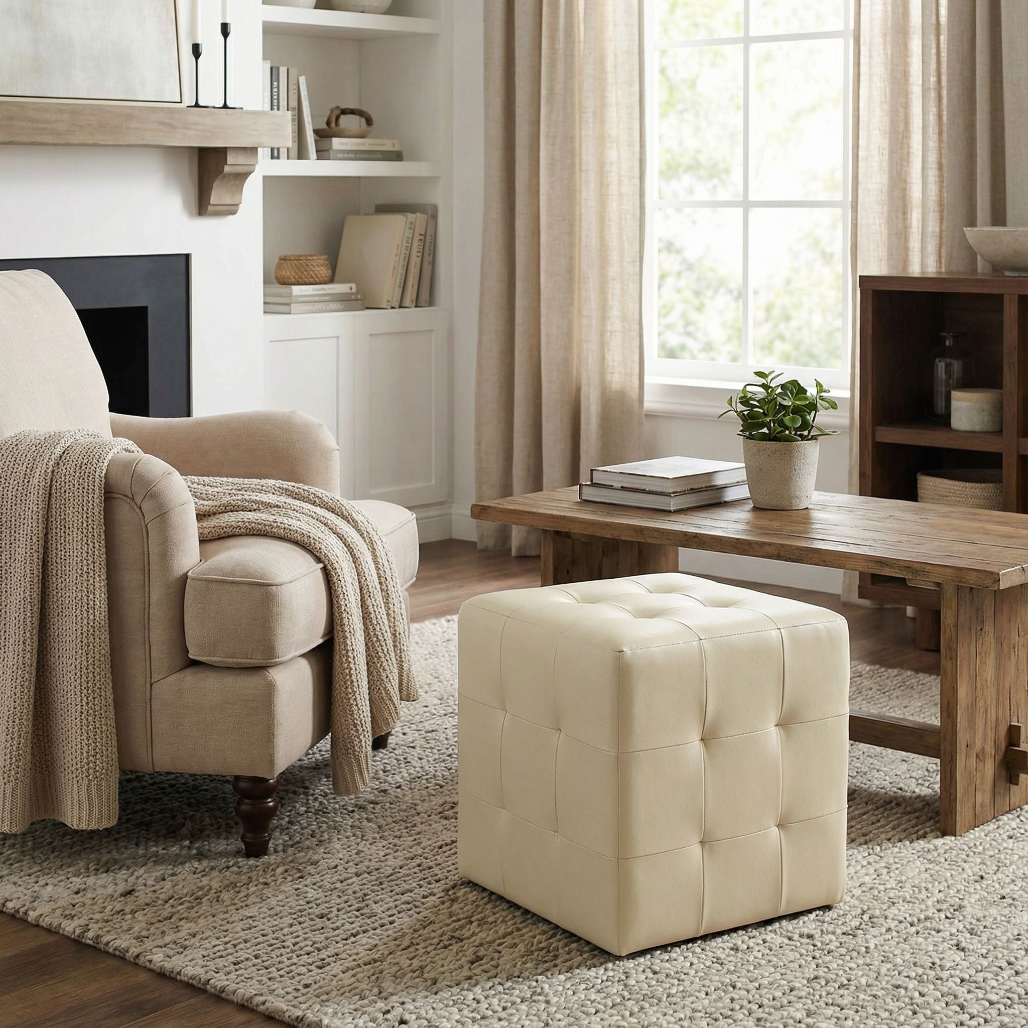 Braque  Tufted Cube Ottoman in Ivory Faux Leather