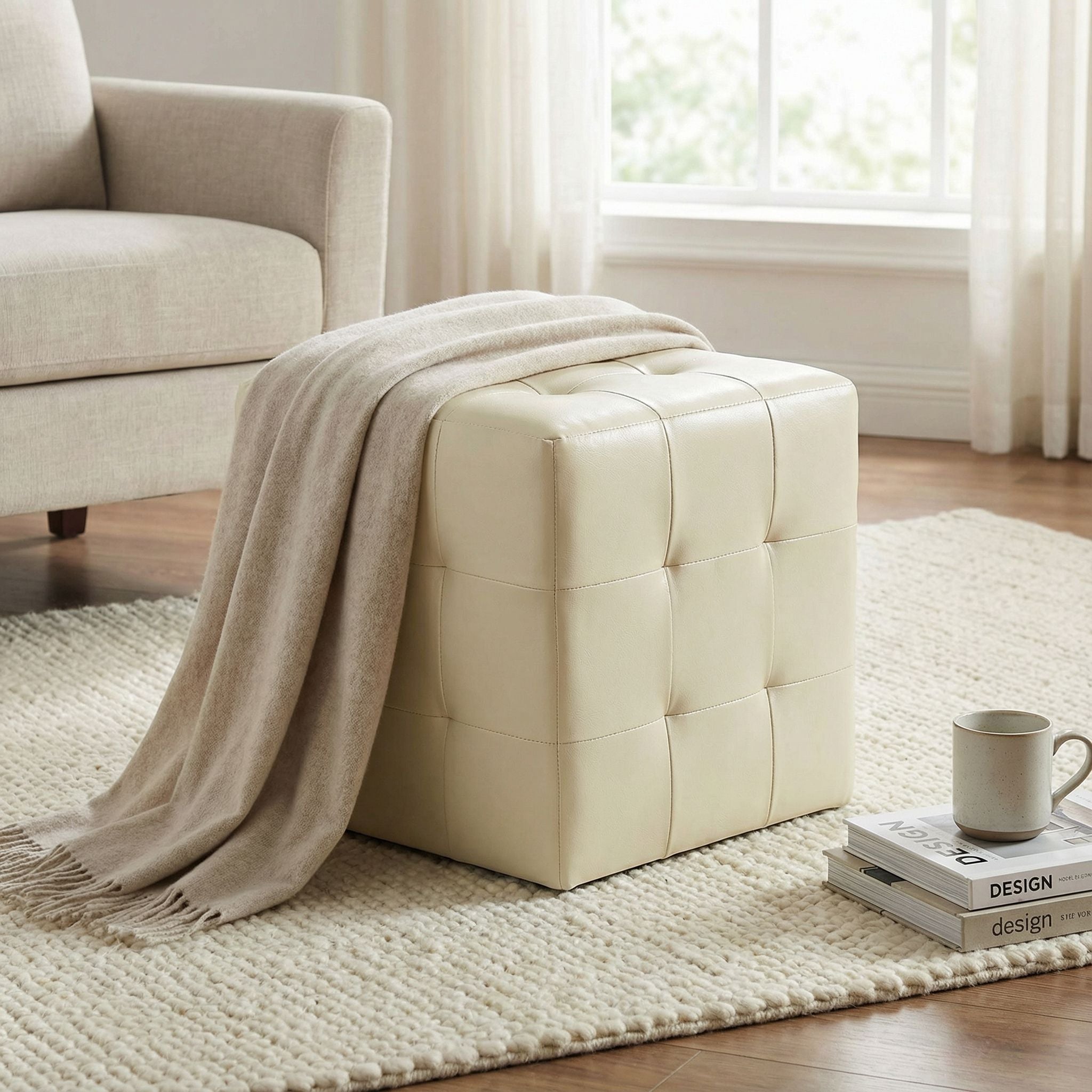 Braque  Tufted Cube Ottoman in Ivory Faux Leather