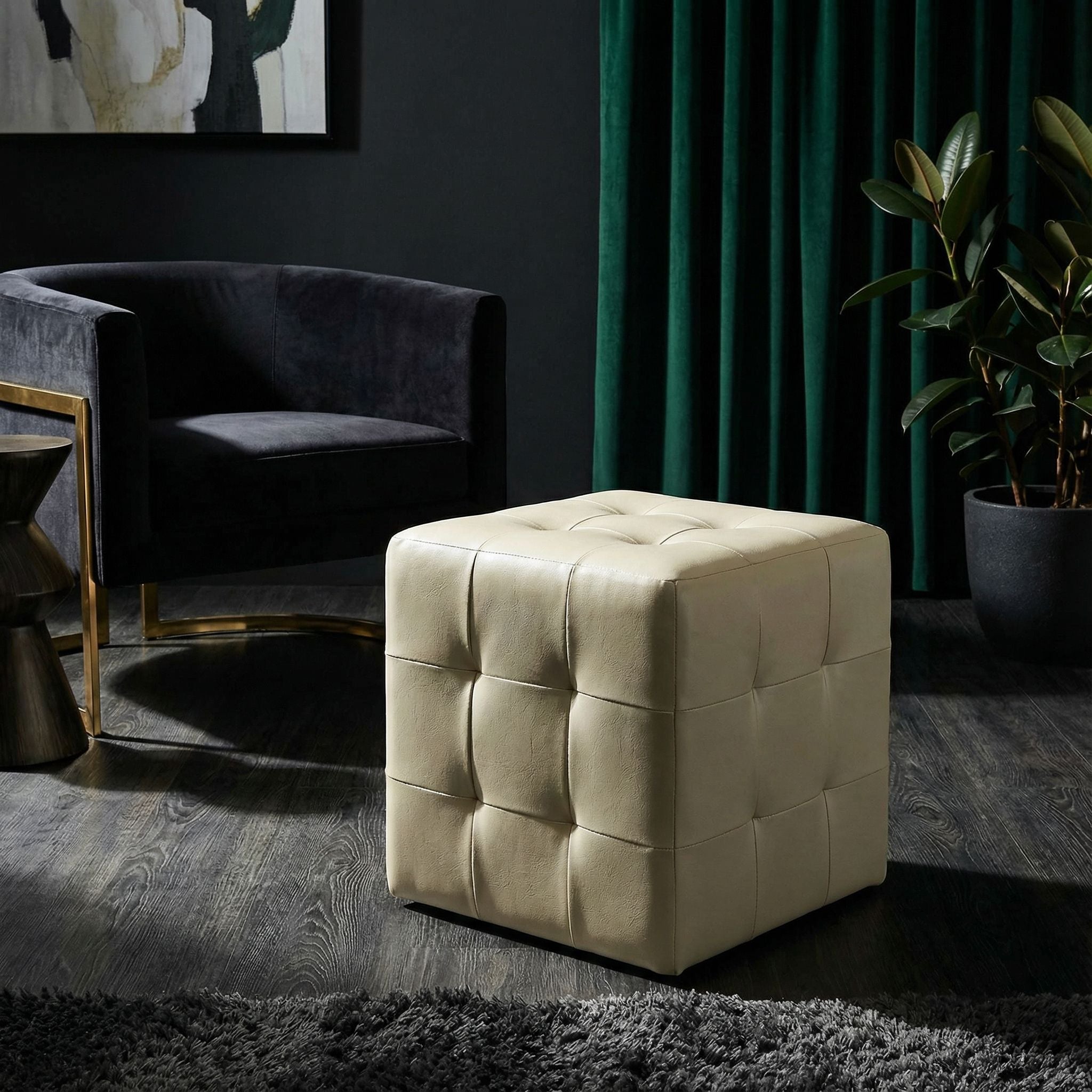 Braque  Tufted Cube Ottoman in Ivory Faux Leather