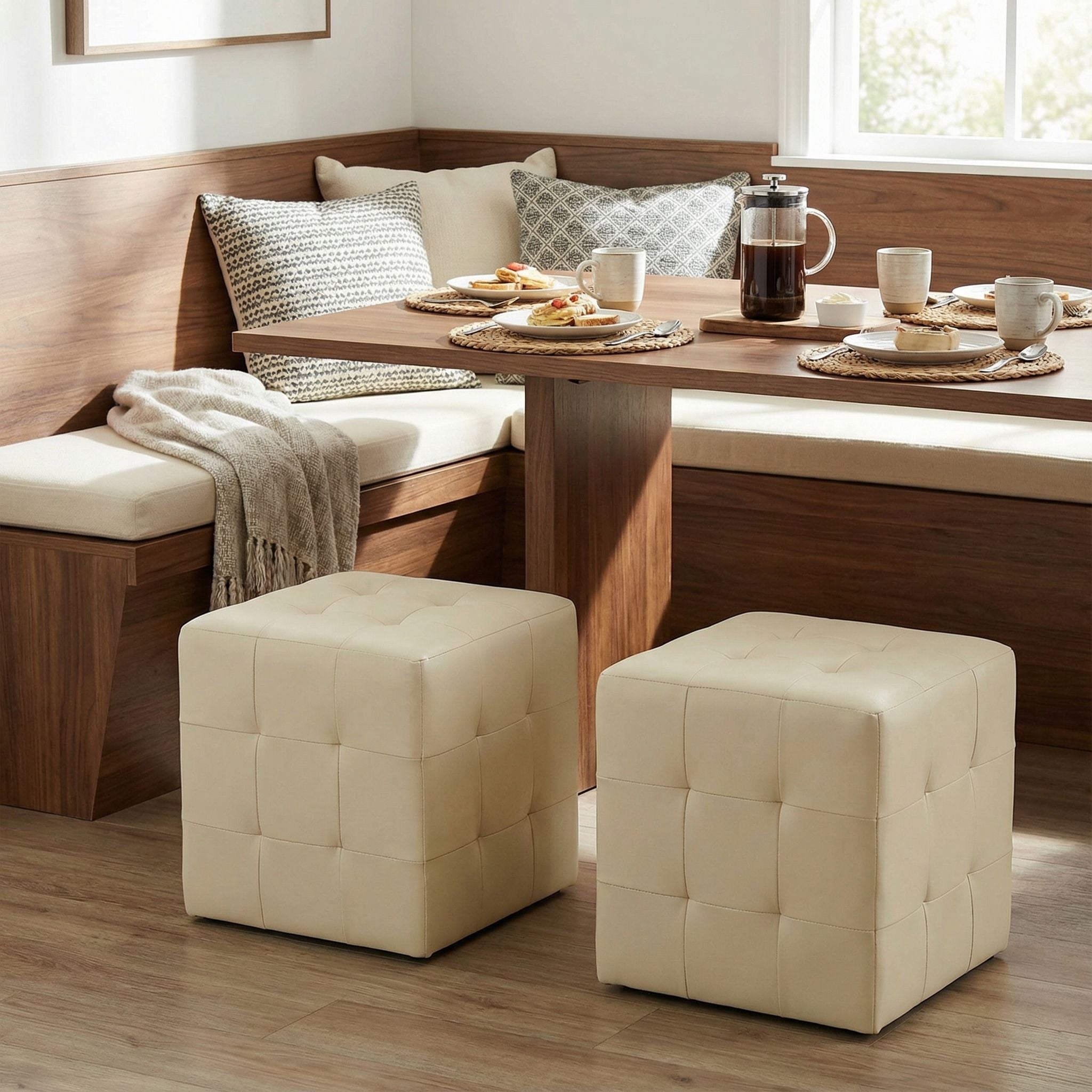 Braque  Tufted Cube Ottoman in Ivory Faux Leather