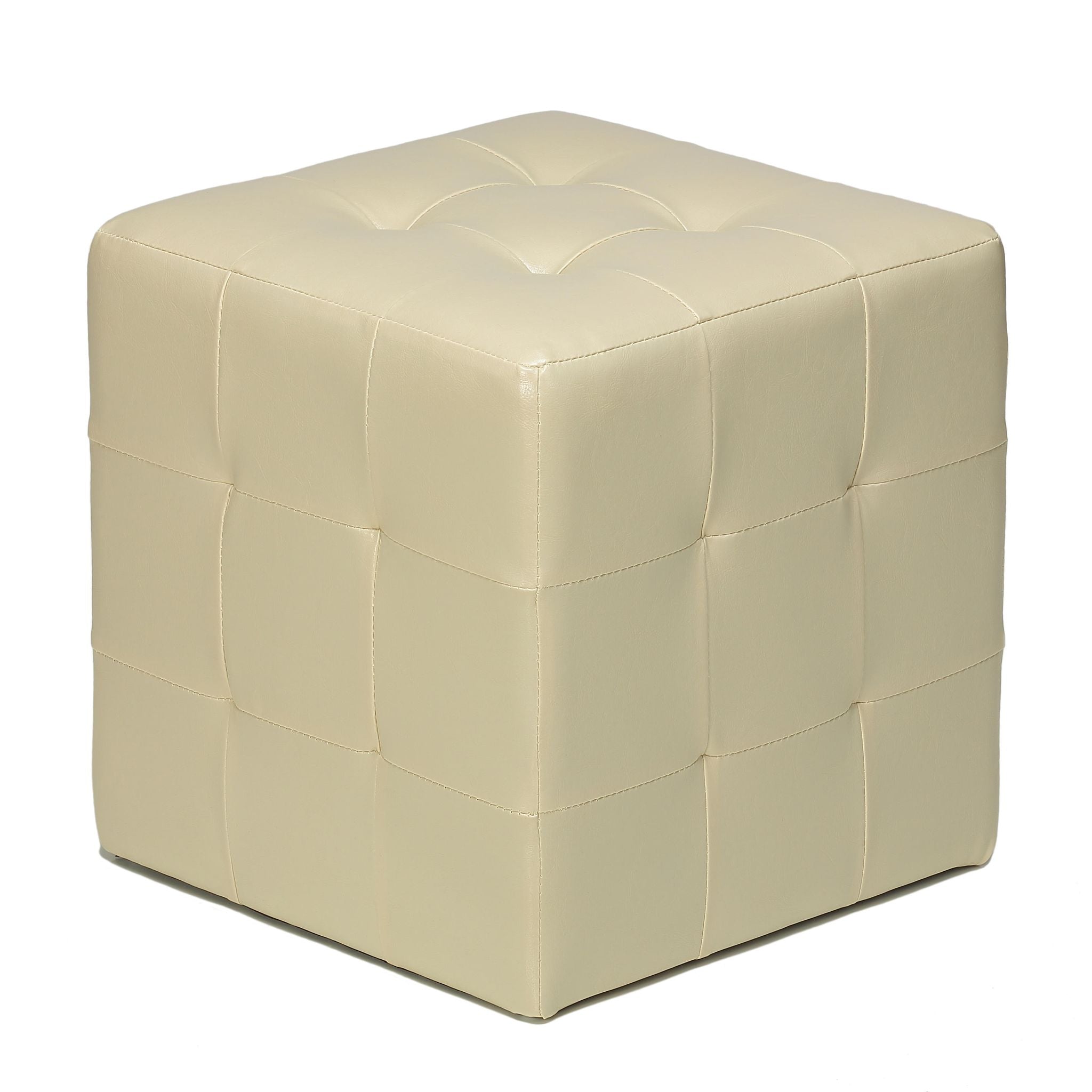 Braque  Tufted Cube Ottoman in Ivory Faux Leather