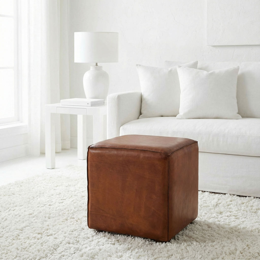 Cortesi Home Bronco Genuine Leather Cube Ottoman, Brown