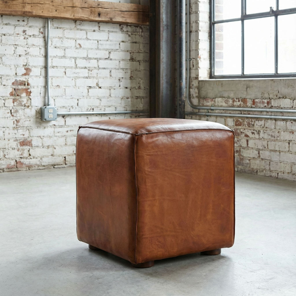 Cortesi Home Bronco Genuine Leather Cube Ottoman, Brown