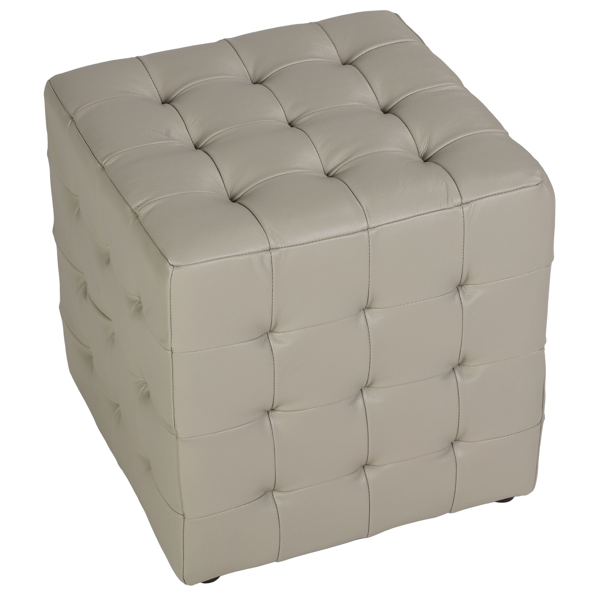 Charli Tufted Cube Ottoman in 100% Genuine Leather, Light Grey