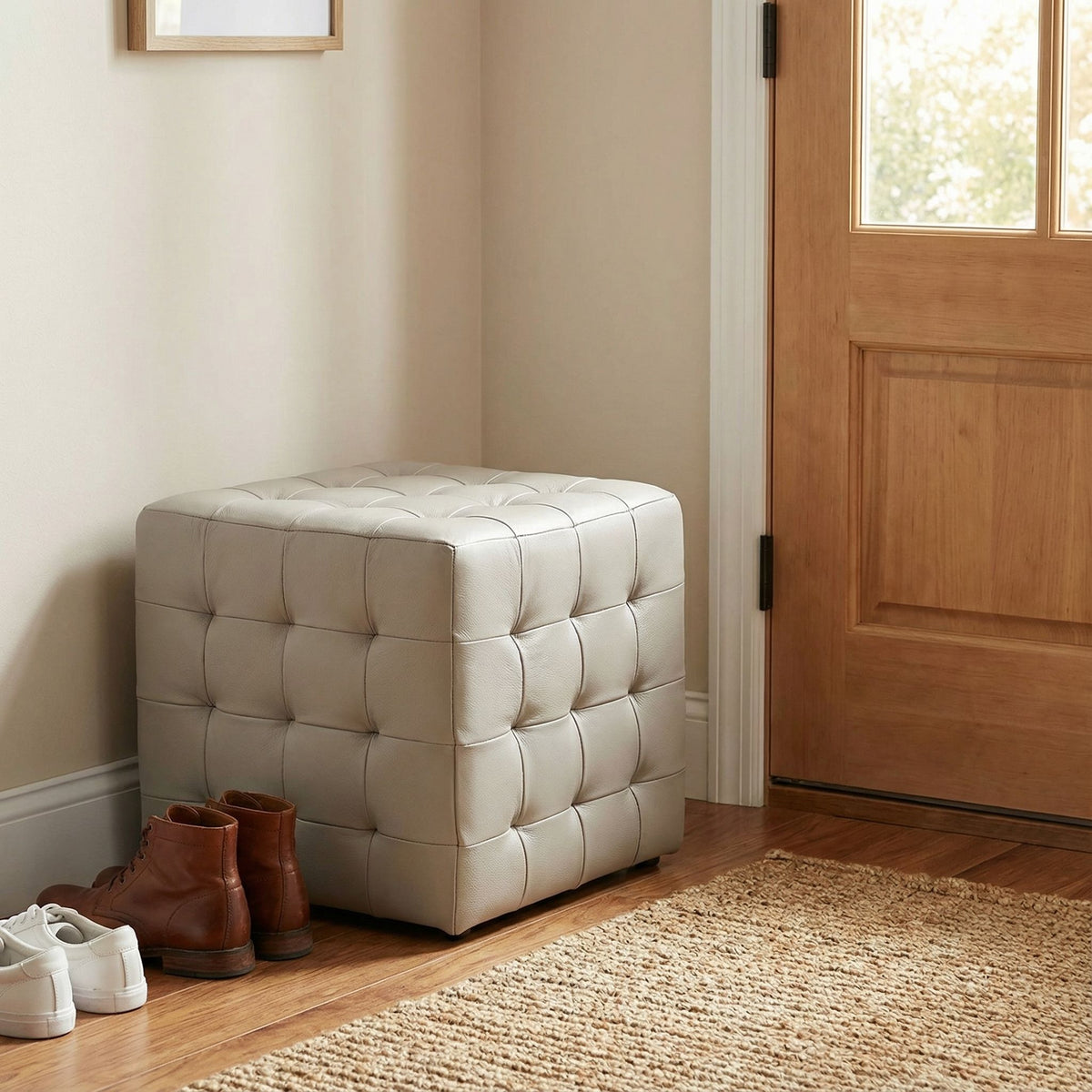 Charli Tufted Cube Ottoman in 100% Genuine Leather, Light Grey