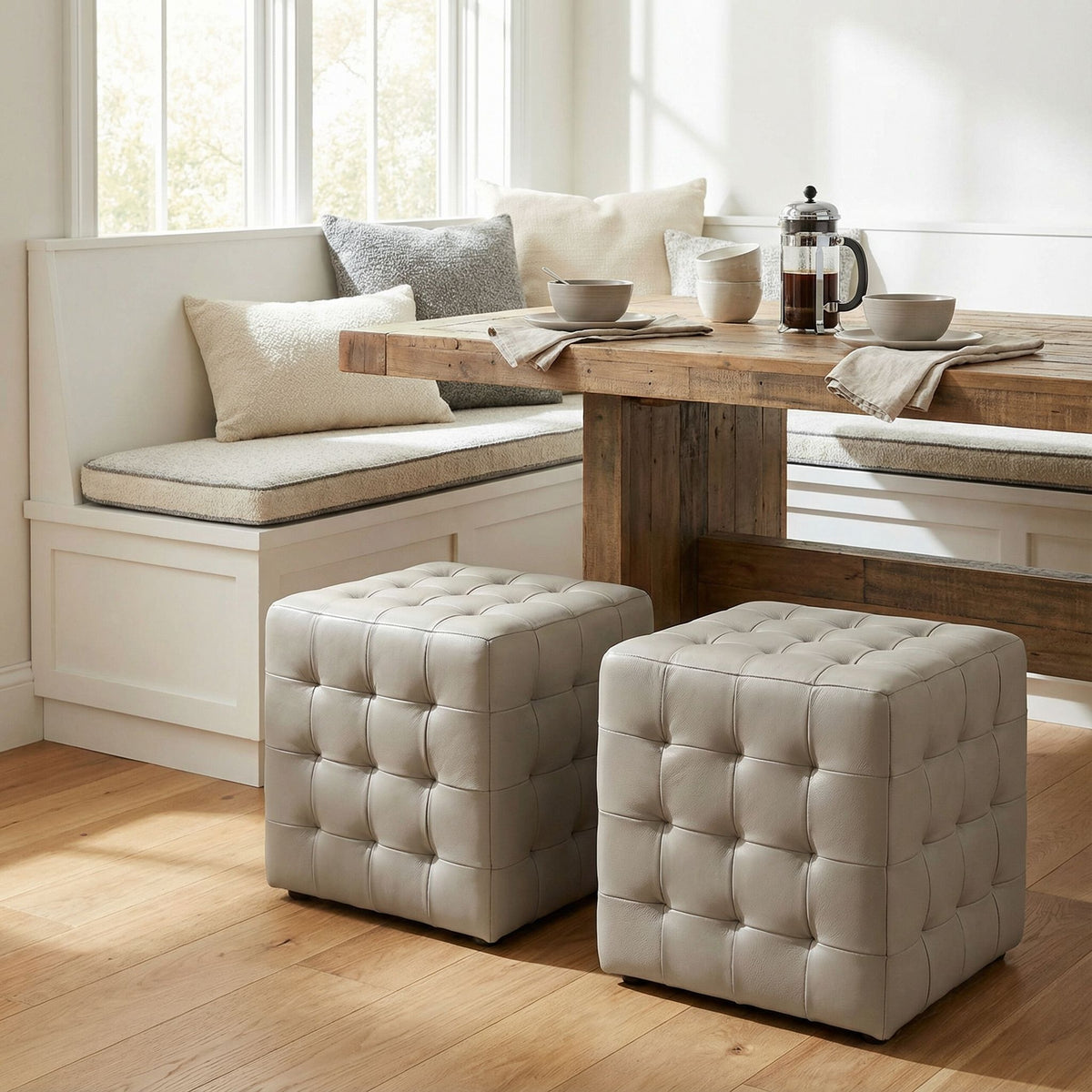 Charli Tufted Cube Ottoman in 100% Genuine Leather, Light Grey