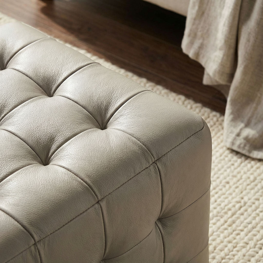 Charli Tufted Cube Ottoman in 100% Genuine Leather, Light Grey