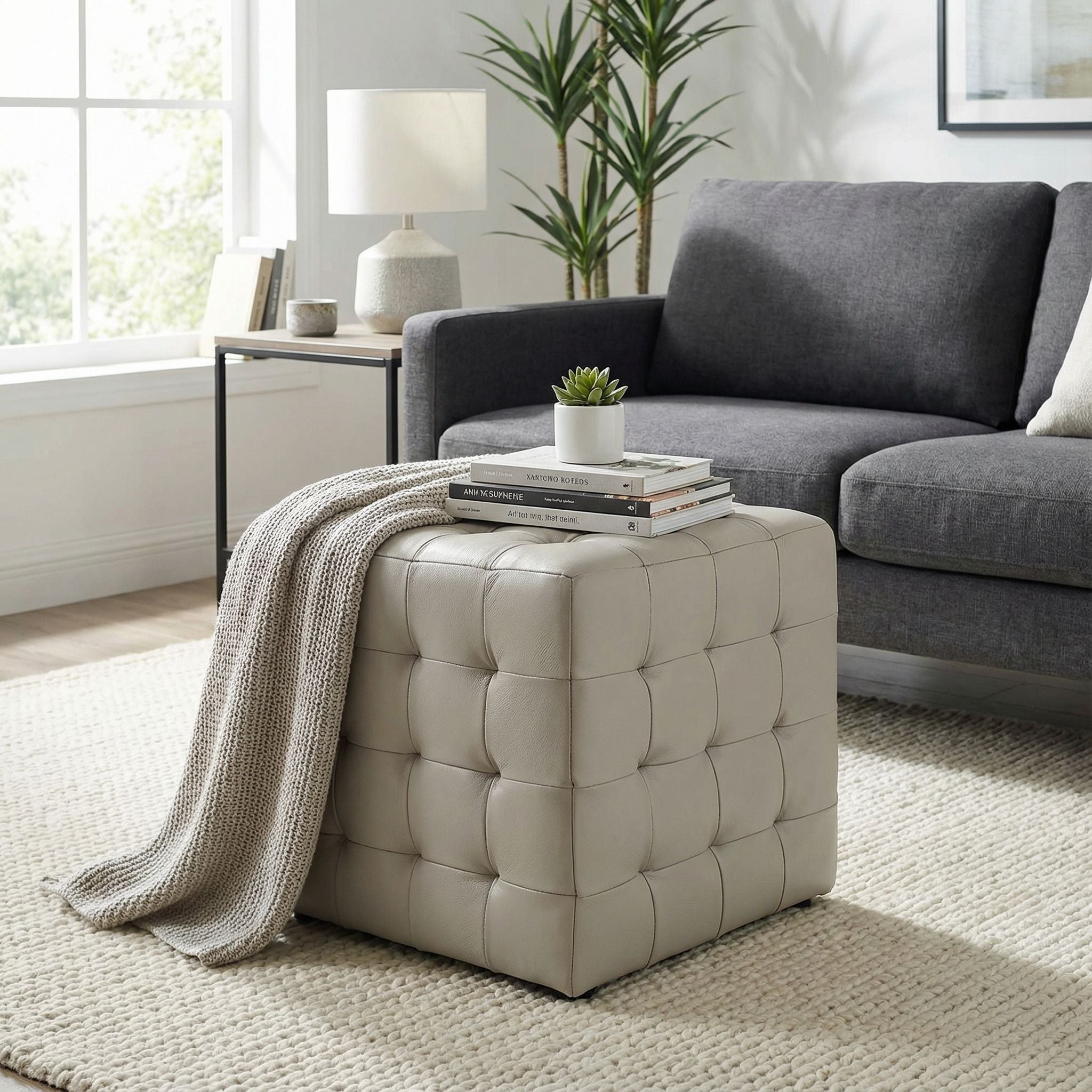 Charli Tufted Cube Ottoman in 100% Genuine Leather, Light Grey