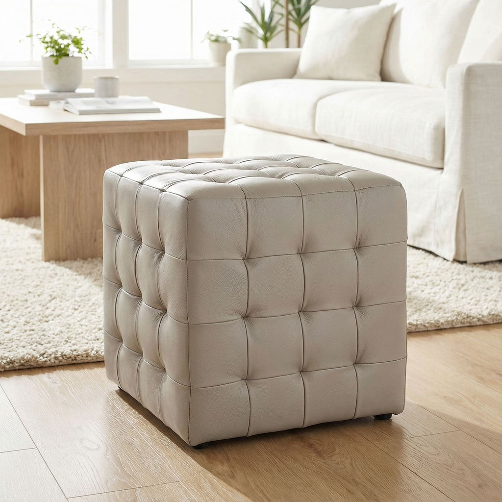 Charli Tufted Cube Ottoman in 100% Genuine Leather, Light Grey