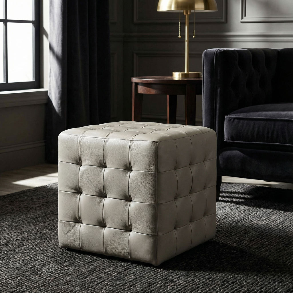 Charli Tufted Cube Ottoman in 100% Genuine Leather, Light Grey