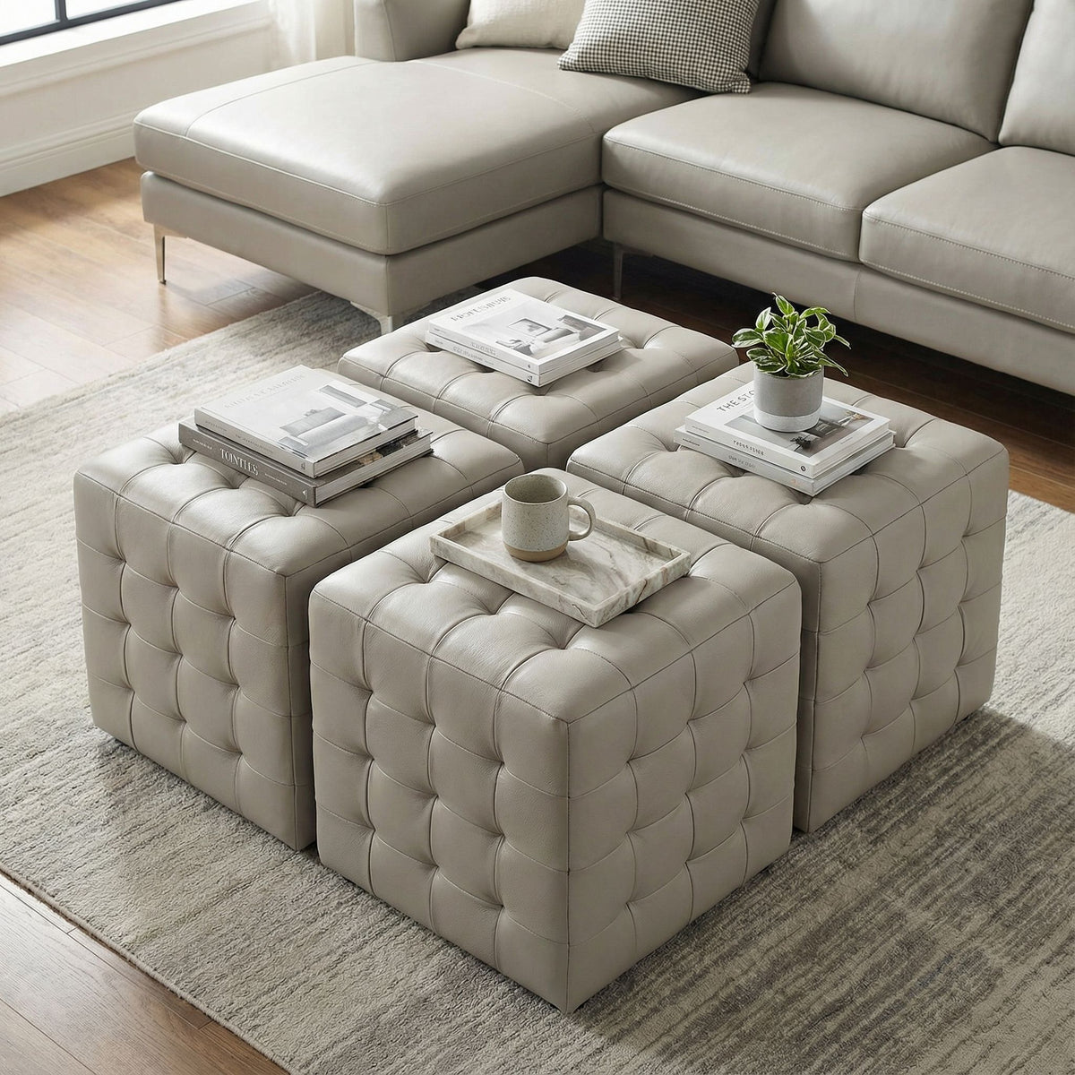 Charli Tufted Cube Ottoman in 100% Genuine Leather, Light Grey