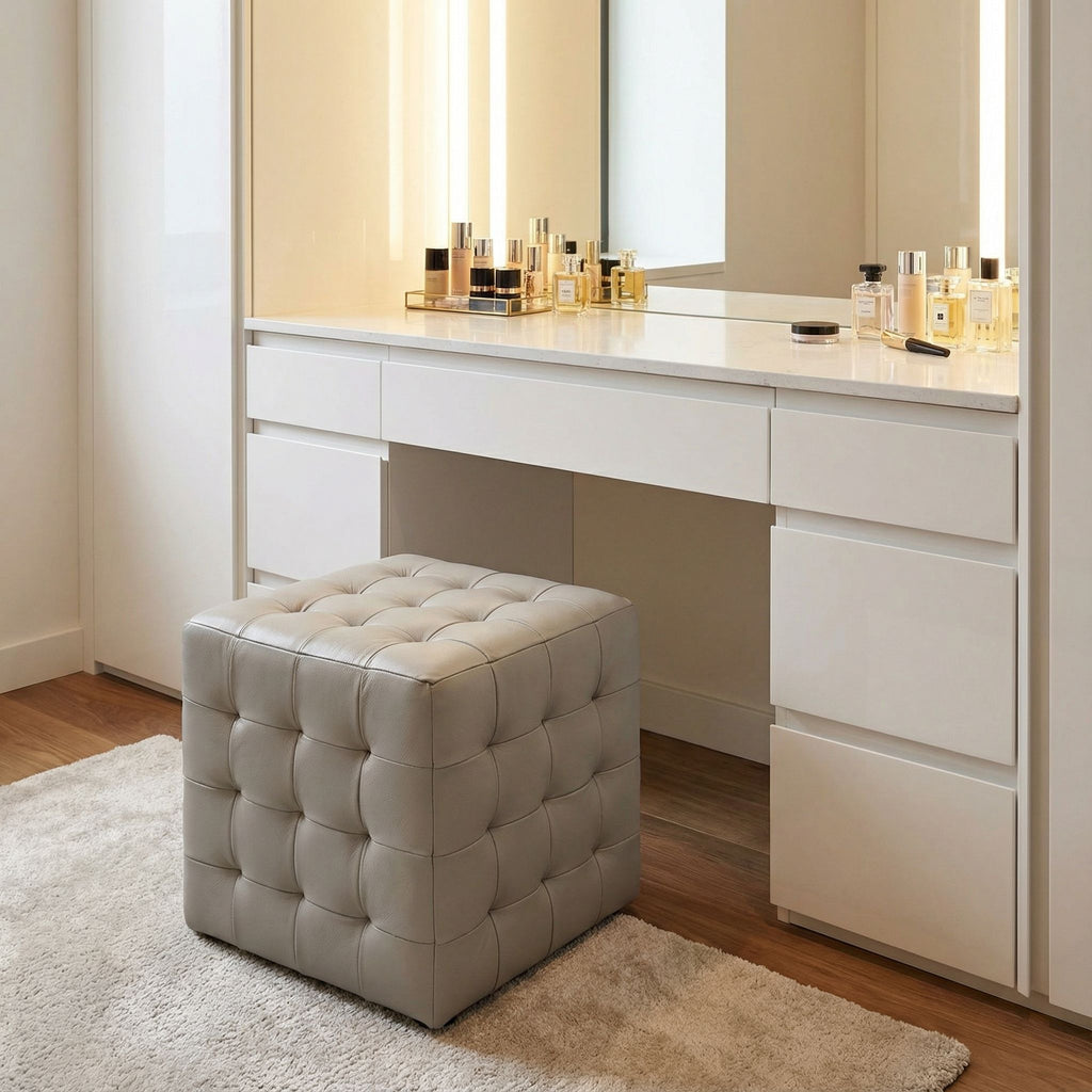 Charli Tufted Cube Ottoman in 100% Genuine Leather, Light Grey