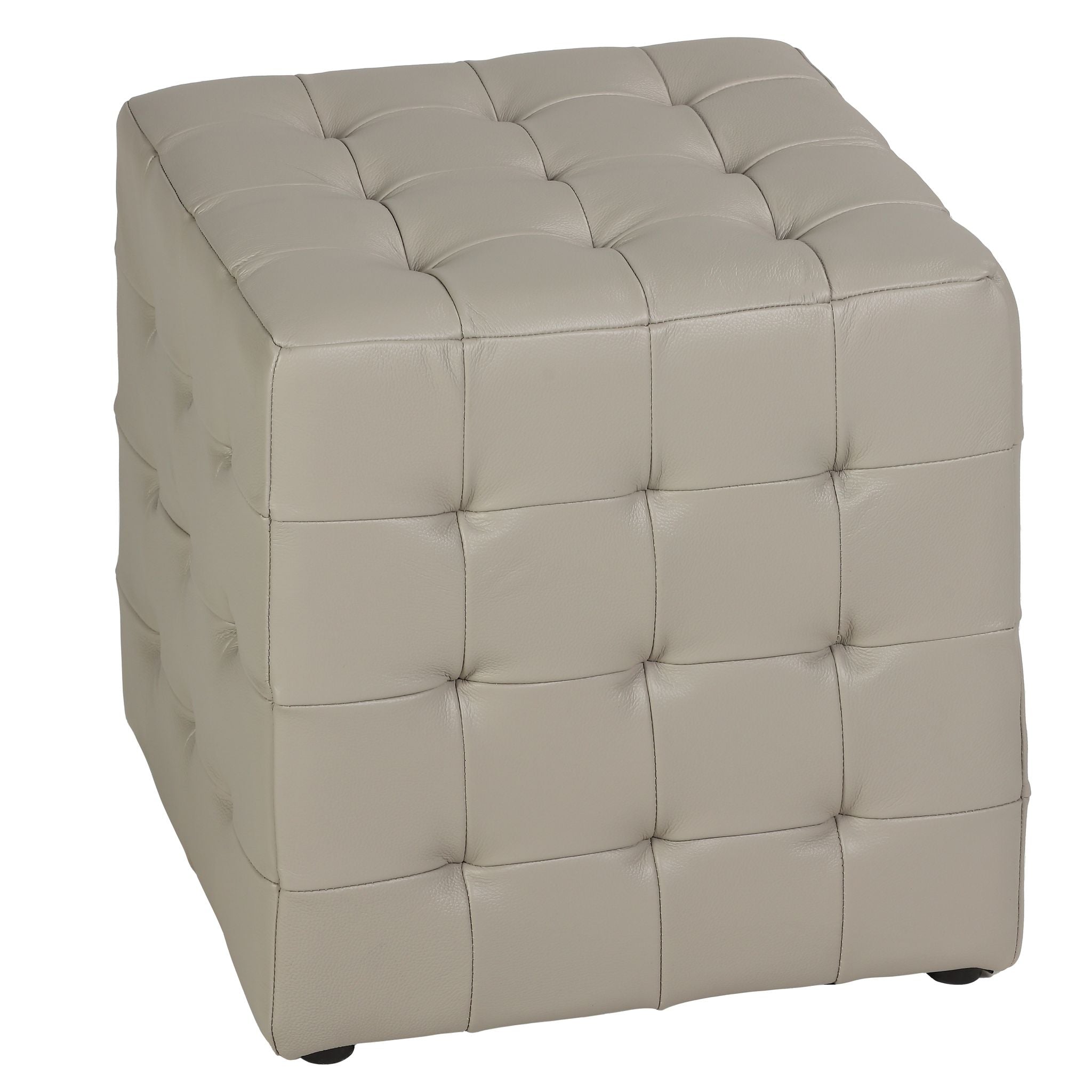 Charli Tufted Cube Ottoman in 100% Genuine Leather, Light Grey
