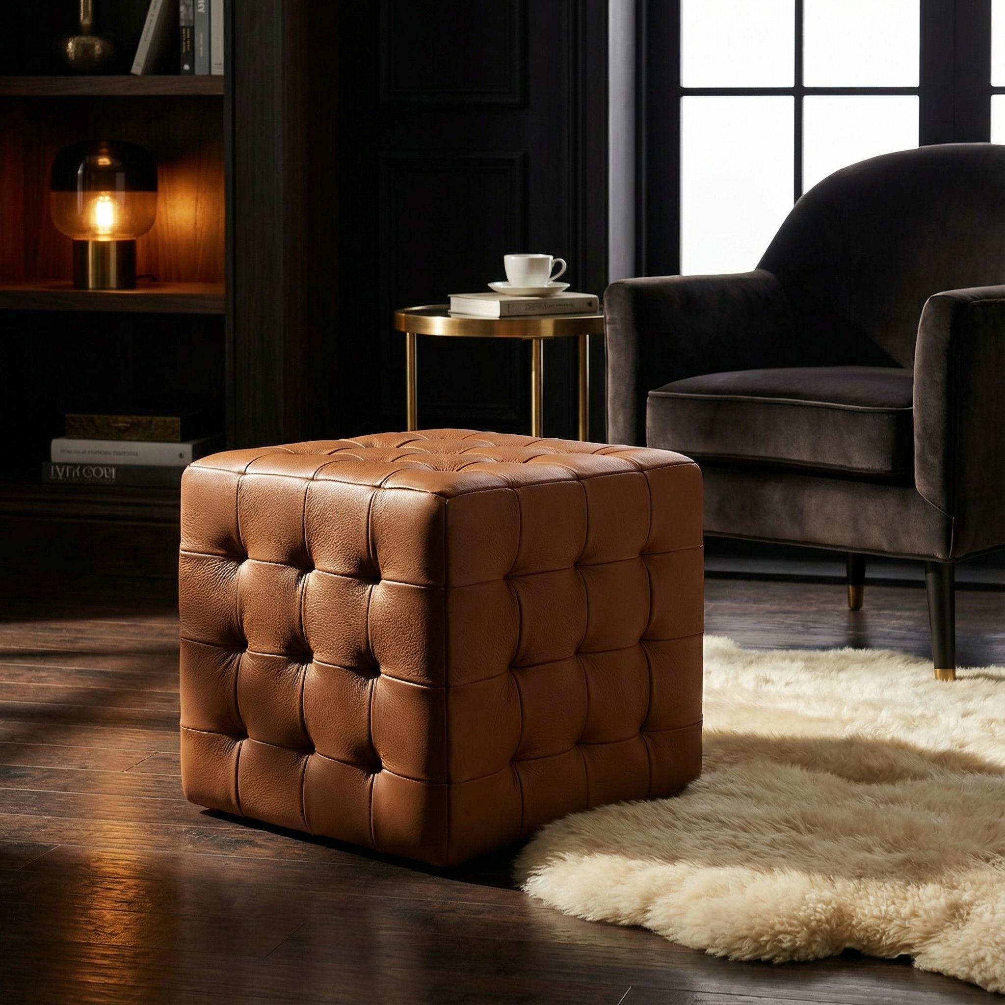 Charli Tufted Cube Ottoman in 100% Genuine Leather, Saddle Brown