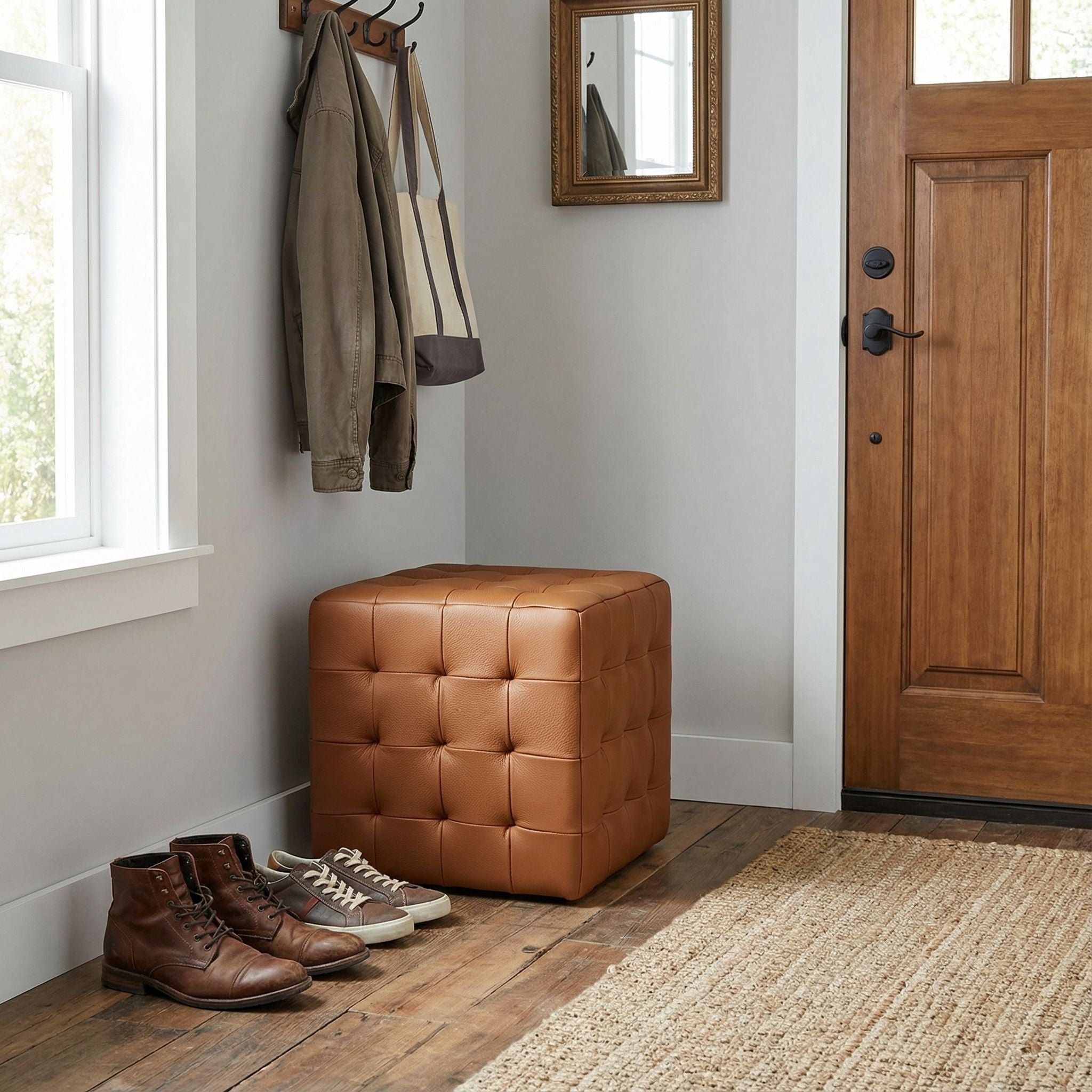 Charli Tufted Cube Ottoman in 100% Genuine Leather, Saddle Brown