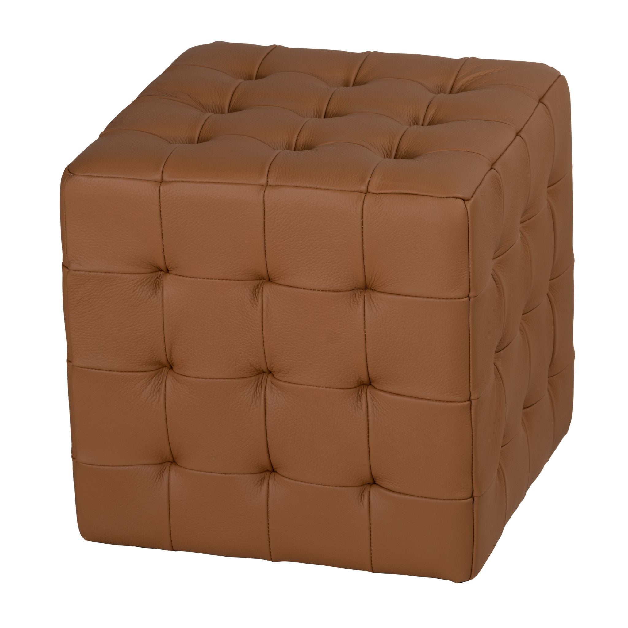 Charli Tufted Cube Ottoman in 100% Genuine Leather, Saddle Brown