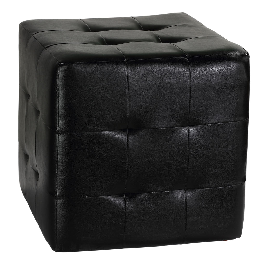 Braque Black Tufted Cube Ottoman in Leather like Vinyl
