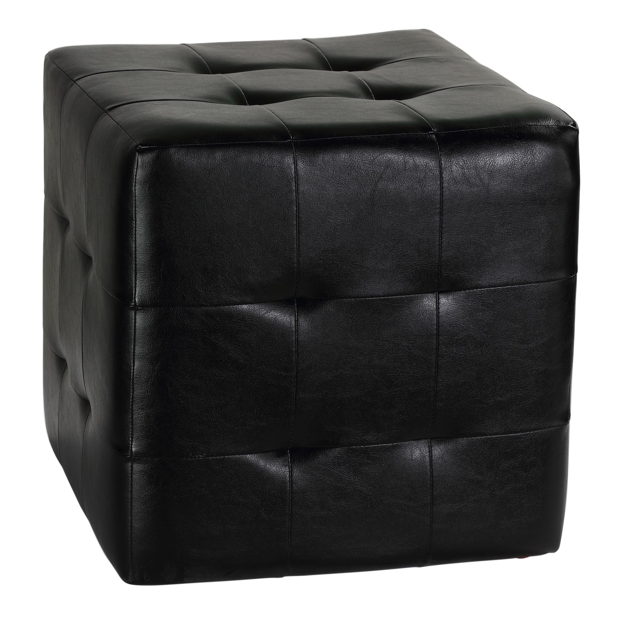 Braque Black Tufted Cube Ottoman in Leather like Vinyl