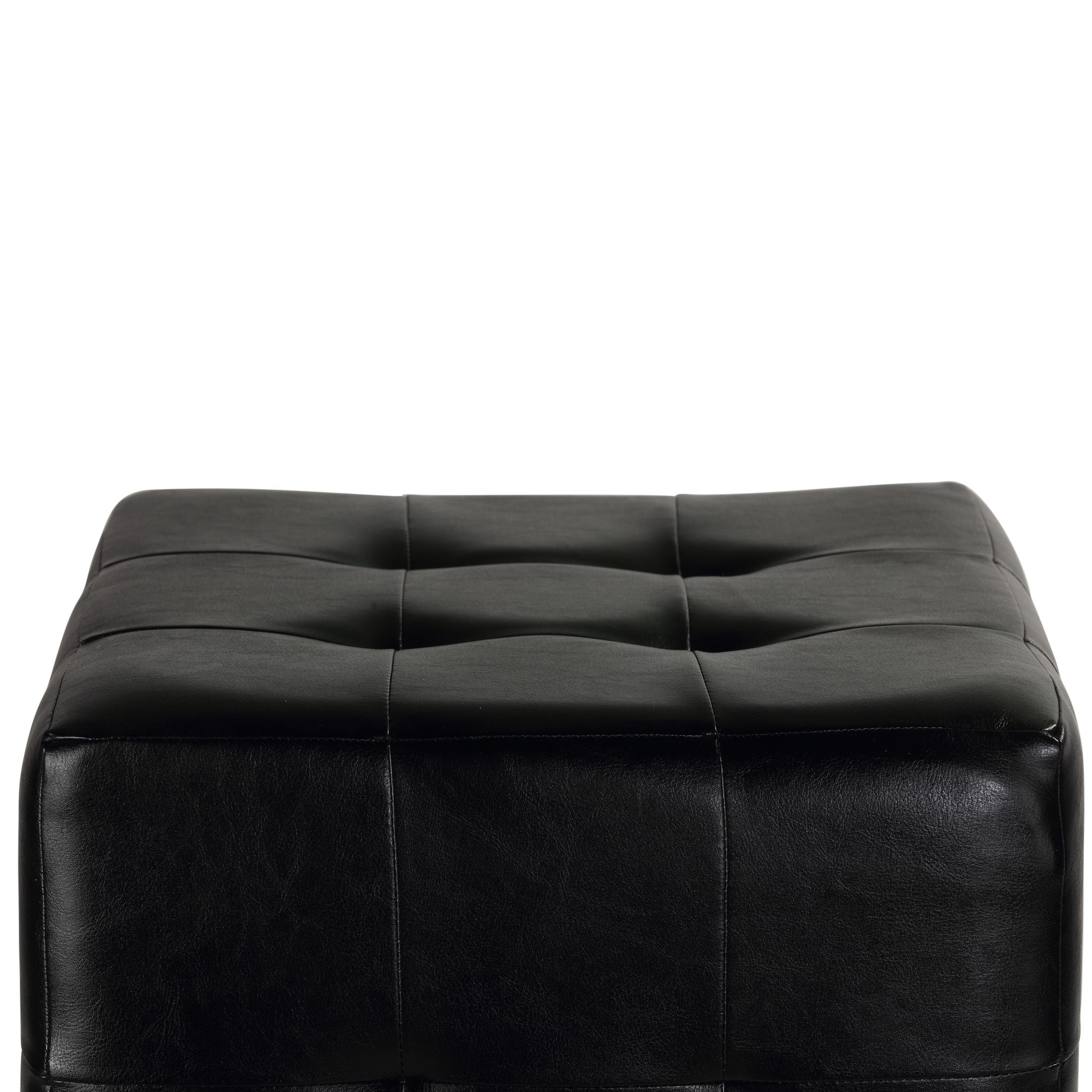 Braque Black Tufted Cube Ottoman in Leather like Vinyl