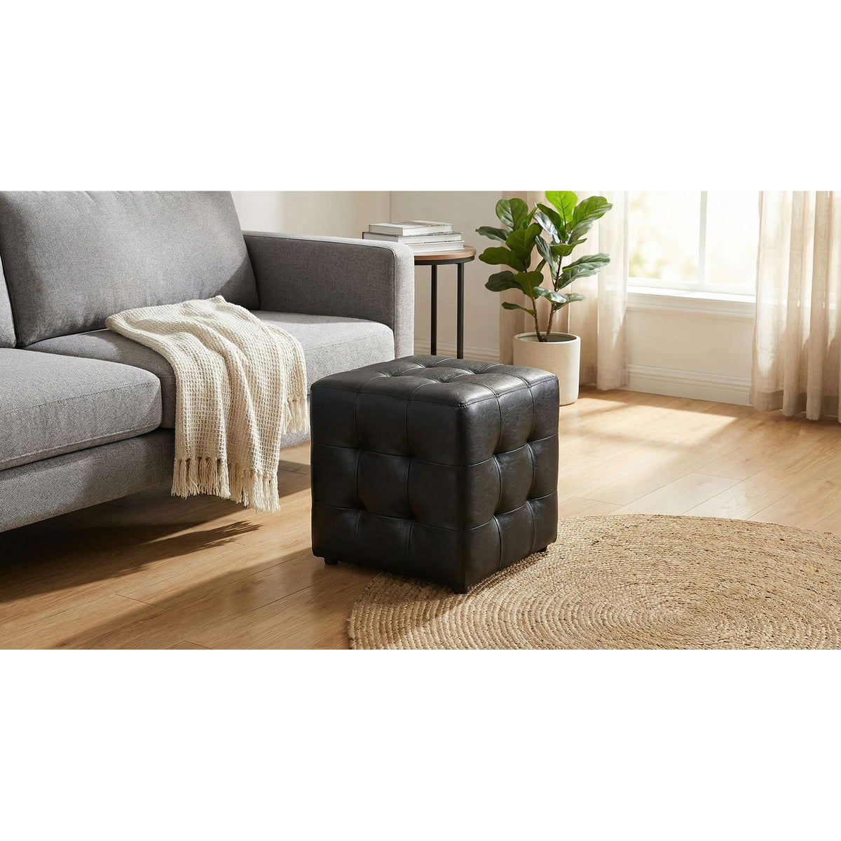 Braque Black Tufted Cube Ottoman in Leather like Vinyl