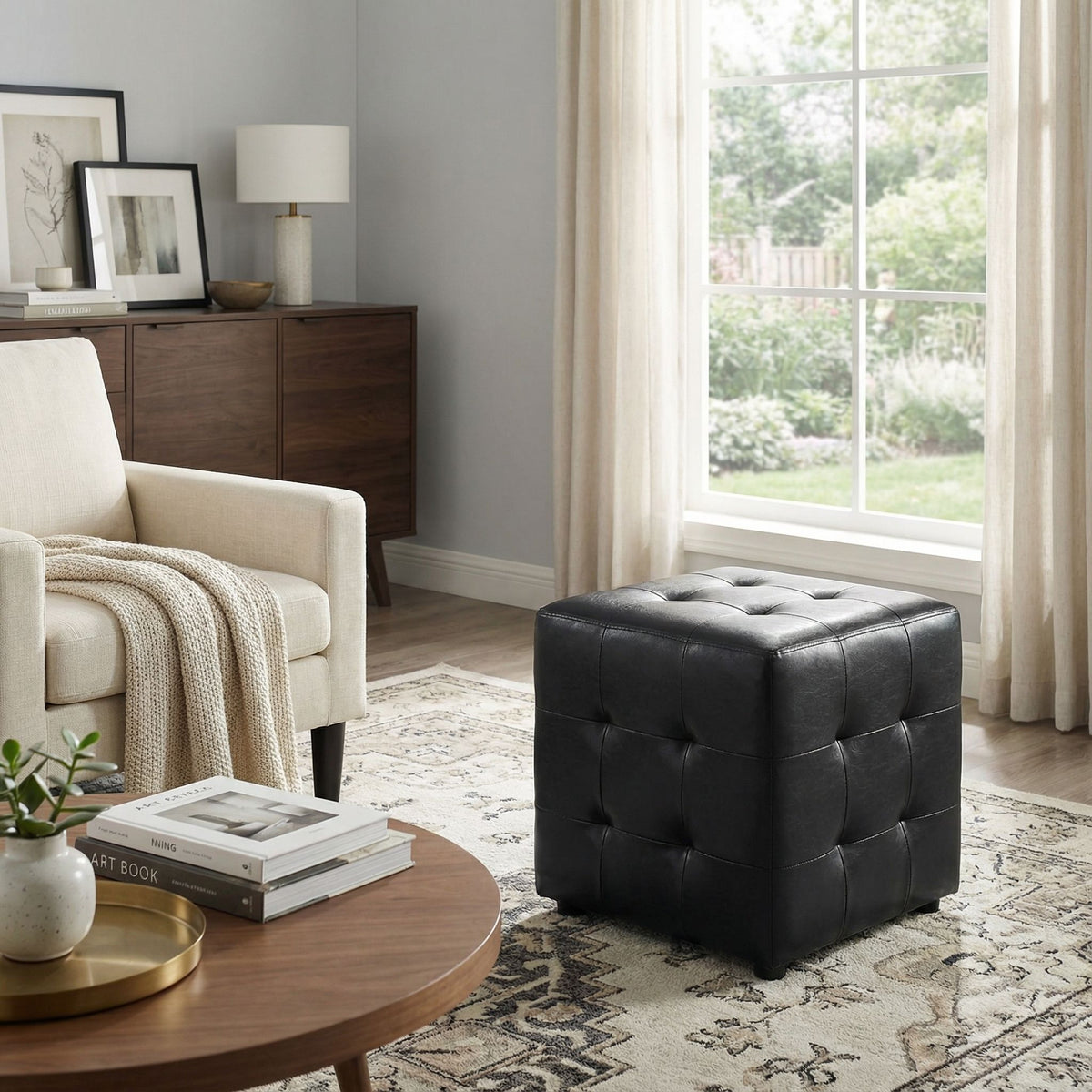 Braque Black Tufted Cube Ottoman in Leather like Vinyl