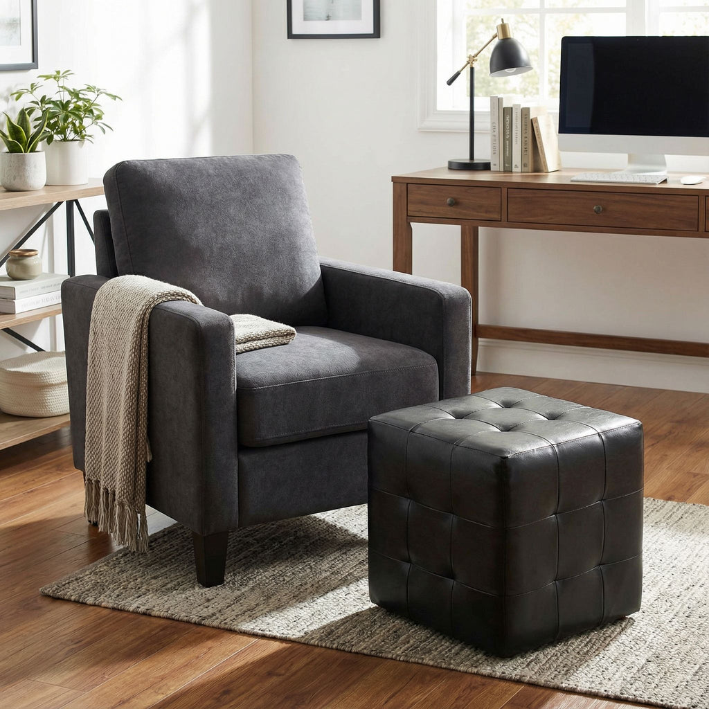 Braque Black Tufted Cube Ottoman in Leather like Vinyl
