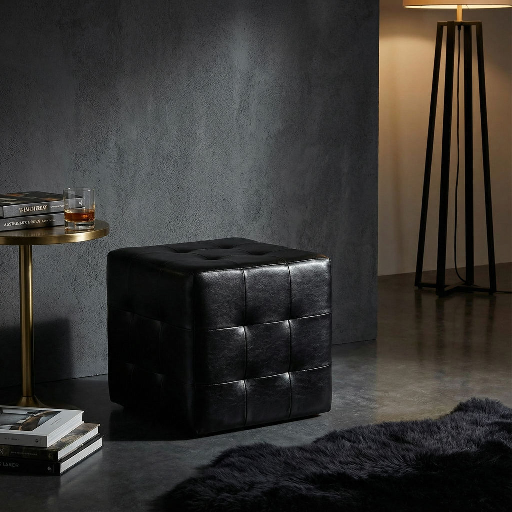 Braque Black Tufted Cube Ottoman in Leather like Vinyl