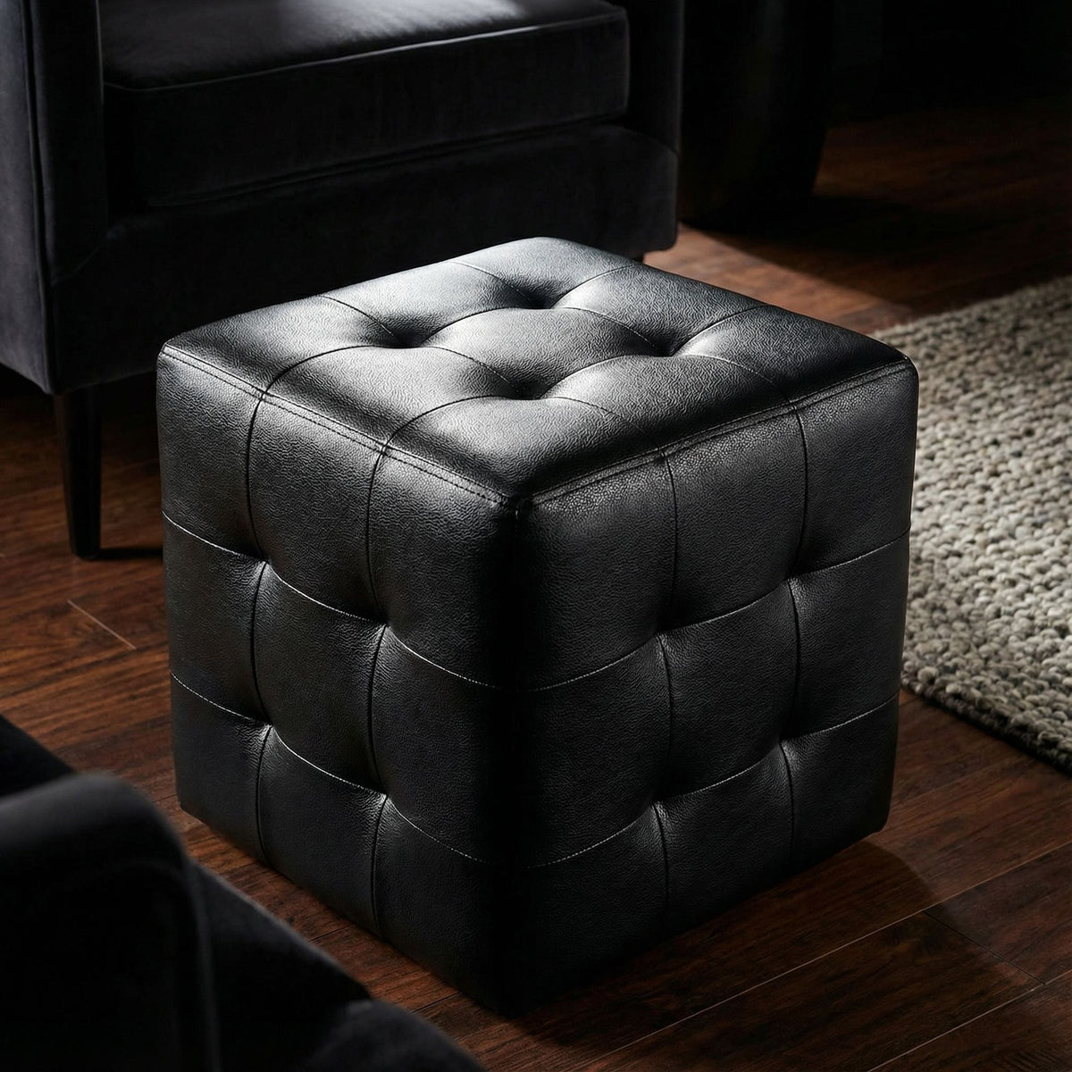 Braque Black Tufted Cube Ottoman in Leather like Vinyl