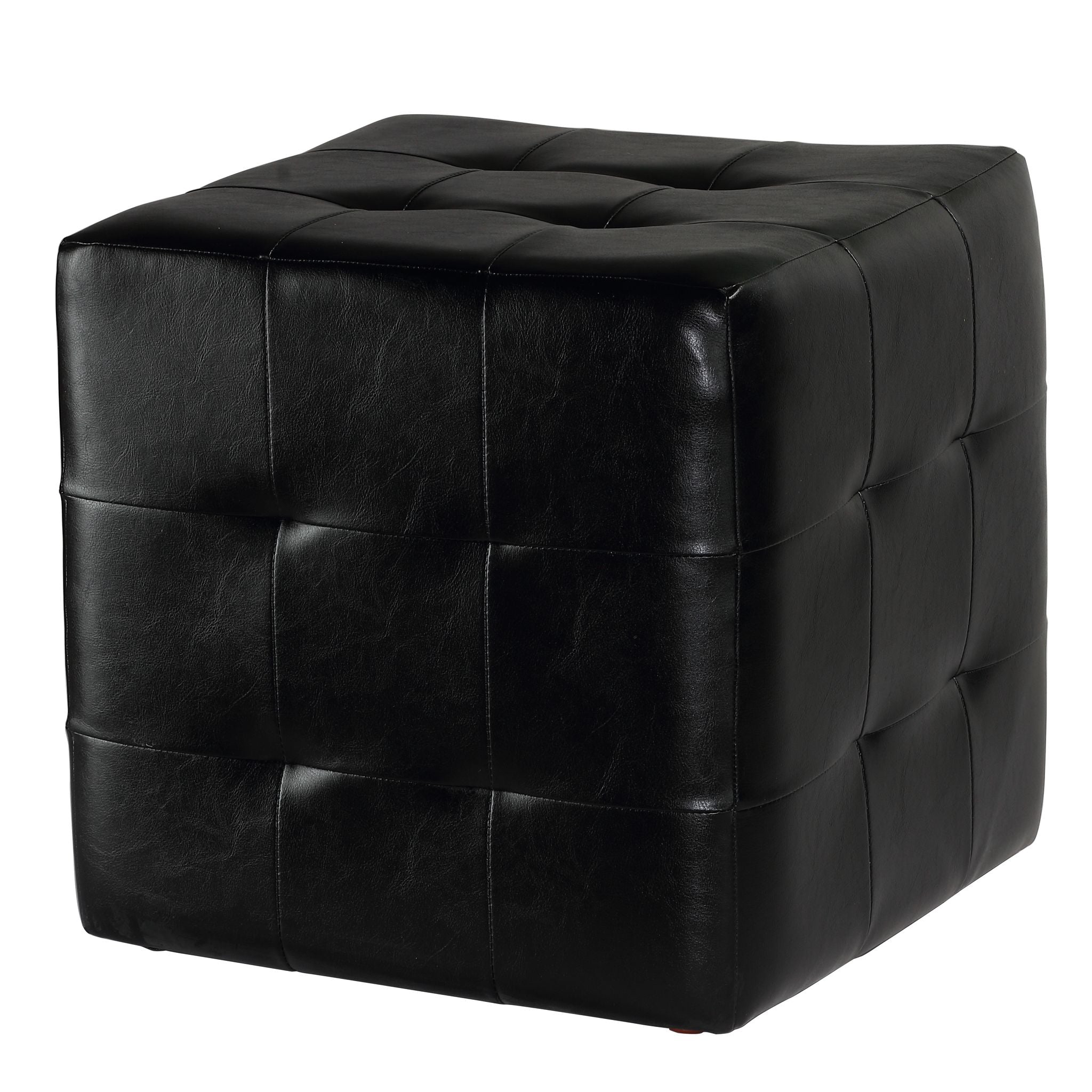 Braque Black Tufted Cube Ottoman in Leather like Vinyl