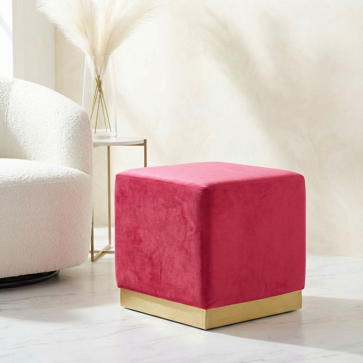 Dover Square Ottoman in Pink Velvet, Brushed Gold