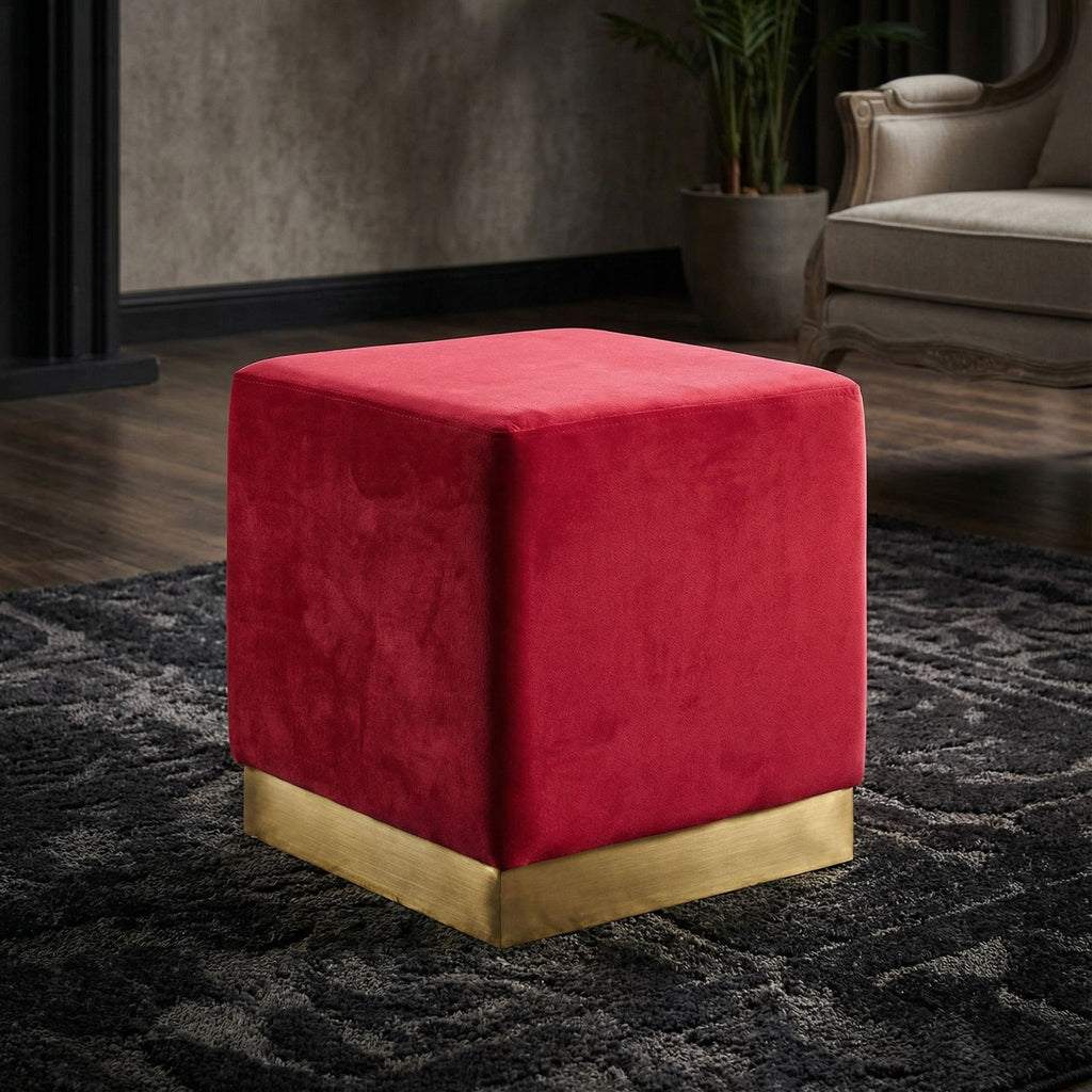 Dover Square Ottoman in Pink Velvet, Brushed Gold