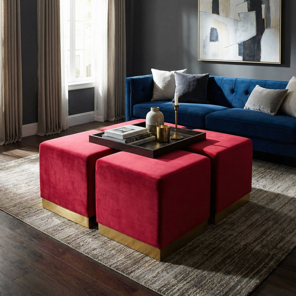 Dover Square Ottoman in Pink Velvet, Brushed Gold
