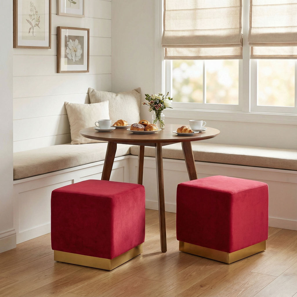 Dover Square Ottoman in Pink Velvet, Brushed Gold