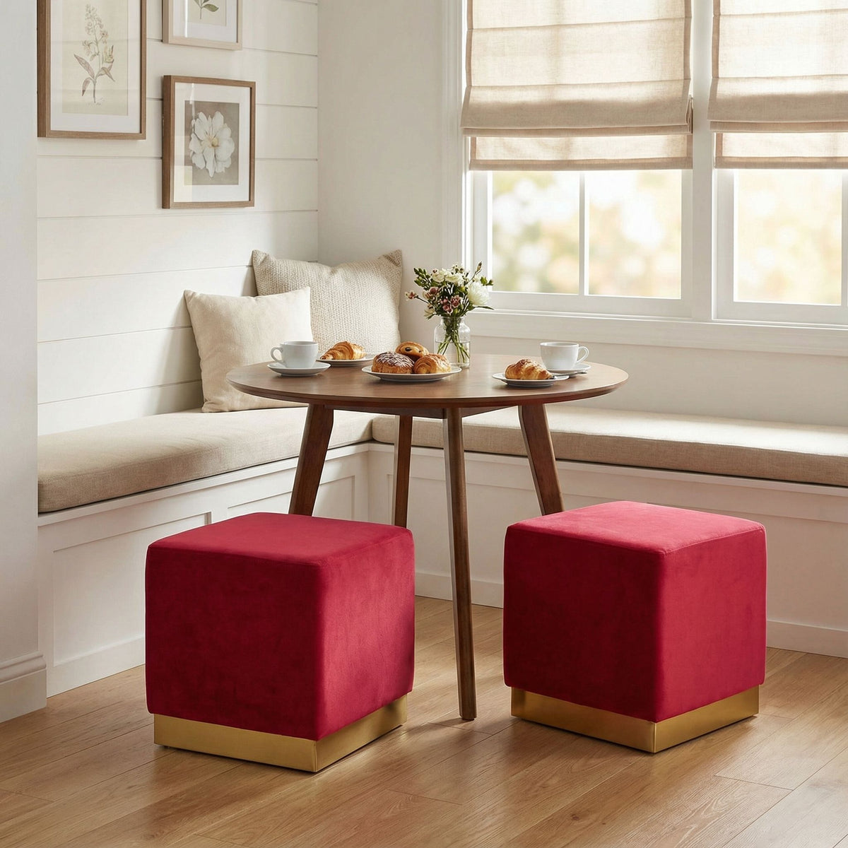 Dover Square Ottoman in Pink Velvet, Brushed Gold