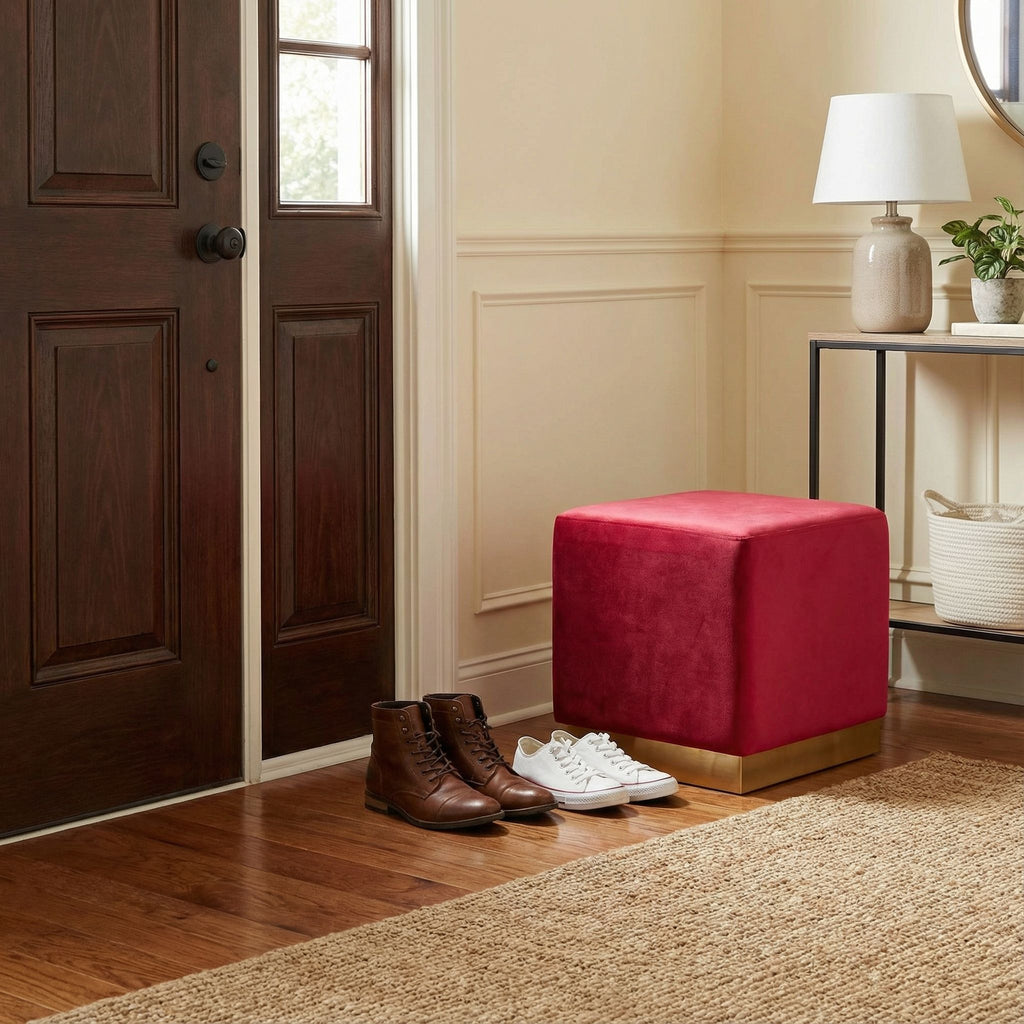 Dover Square Ottoman in Pink Velvet, Brushed Gold