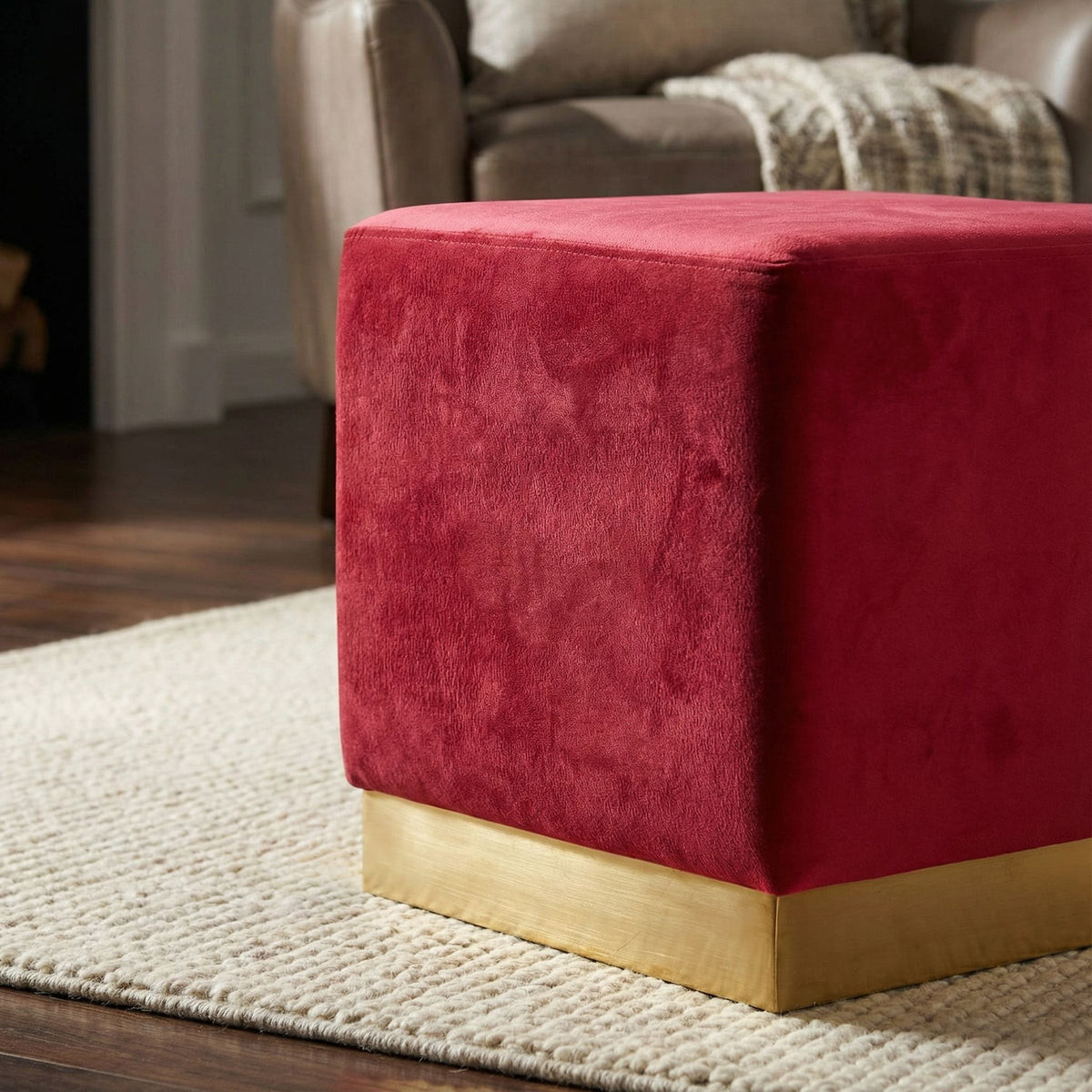 Dover Square Ottoman in Pink Velvet, Brushed Gold