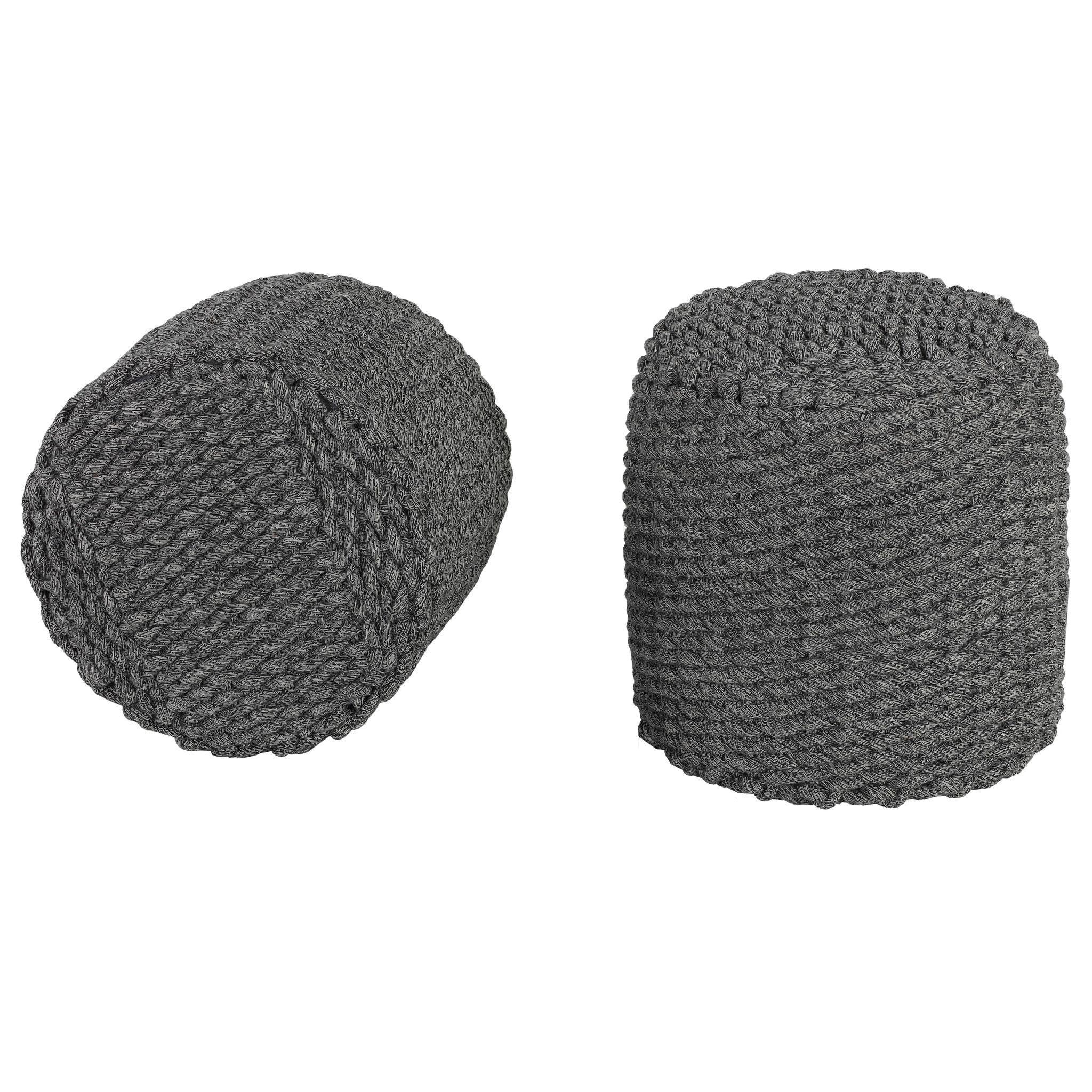 Augusta Round Rope Pouf Ottoman, Grey Fabric