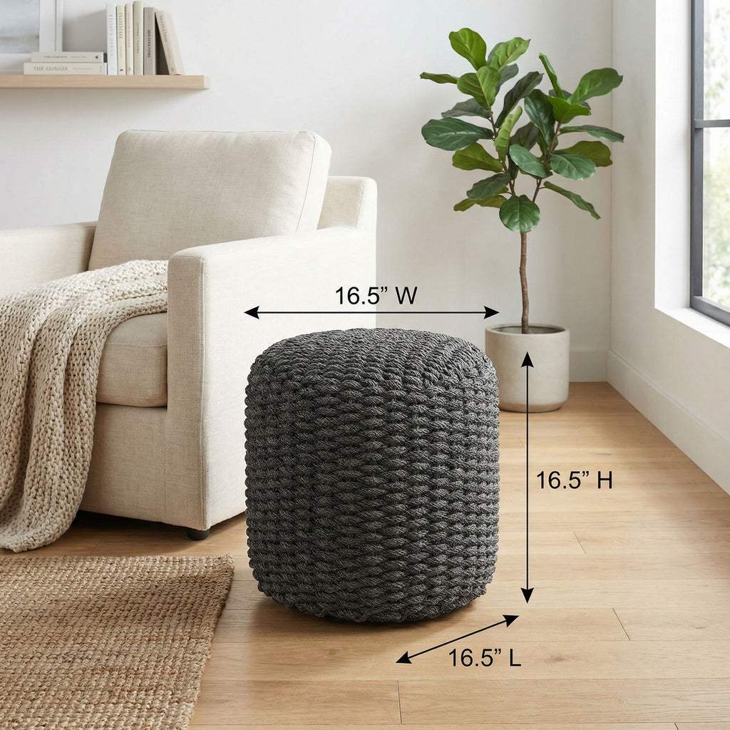 Augusta Round Rope Pouf Ottoman, Grey Fabric