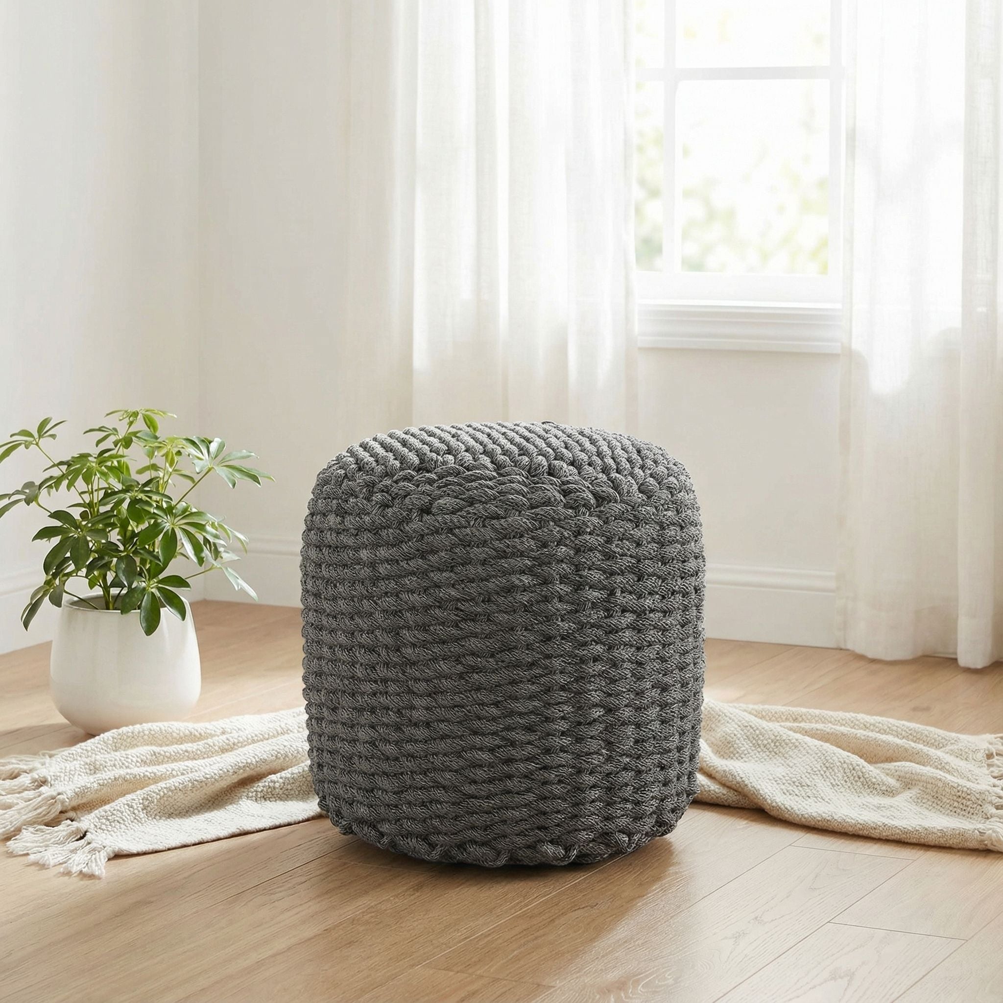 Augusta Round Rope Pouf Ottoman, Grey Fabric