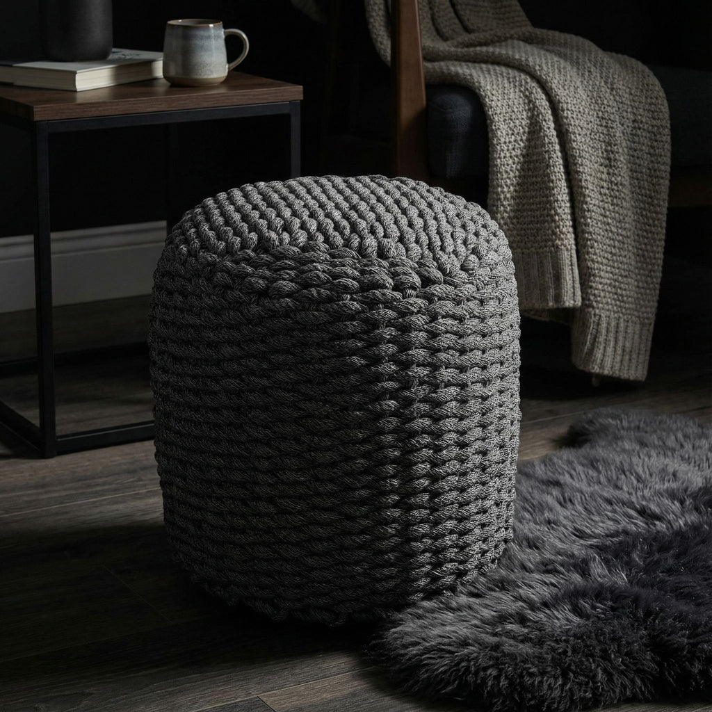 Augusta Round Rope Pouf Ottoman, Grey Fabric